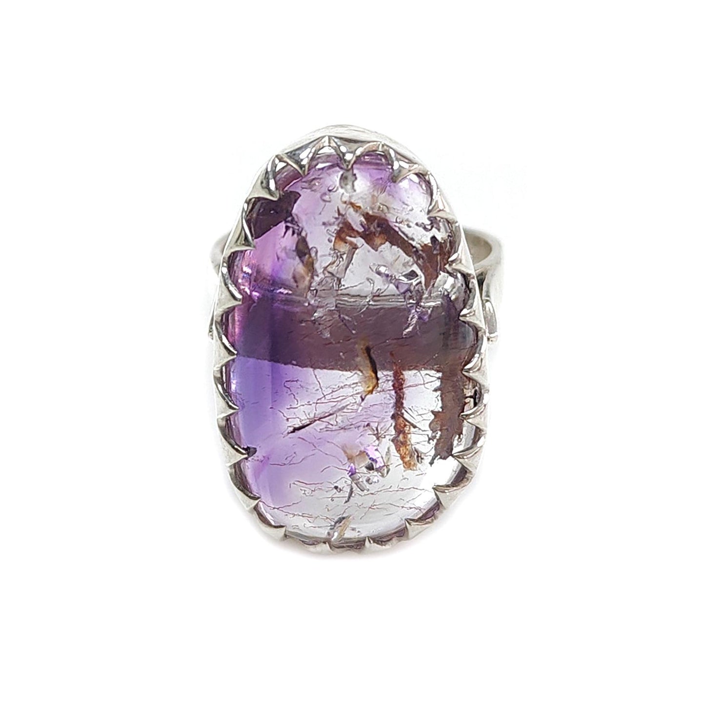 Amethyst Plain Silver Ring: 10.86gms Natural Untreated Super Seven Amethyst Fancy Shape Plain 925 Sterling Silver Bezel Set Adjustable Ring