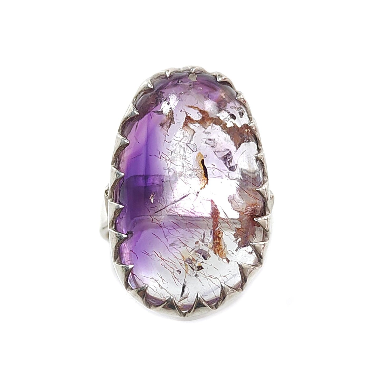 Amethyst Plain Silver Ring: 10.86gms Natural Untreated Super Seven Amethyst Fancy Shape Plain 925 Sterling Silver Bezel Set Adjustable Ring