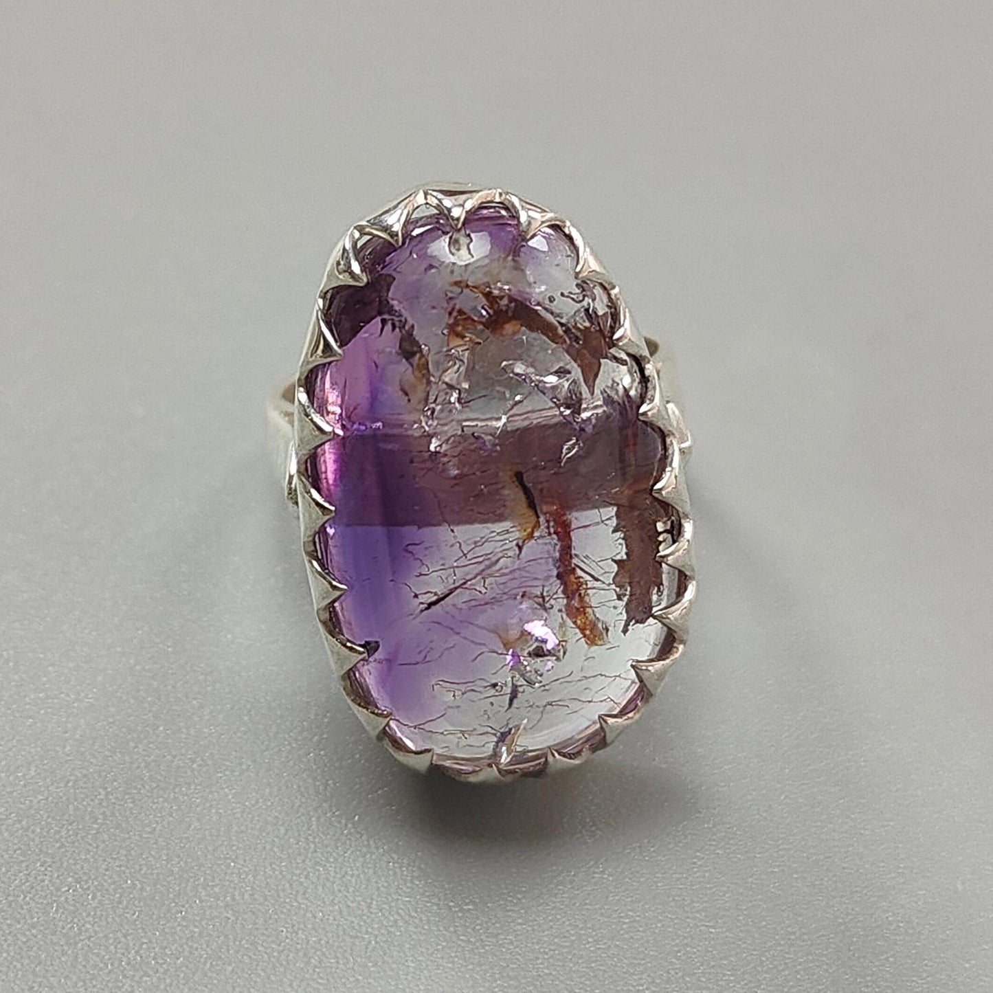 Amethyst Plain Silver Ring: 10.86gms Natural Untreated Super Seven Amethyst Fancy Shape Plain 925 Sterling Silver Bezel Set Adjustable Ring