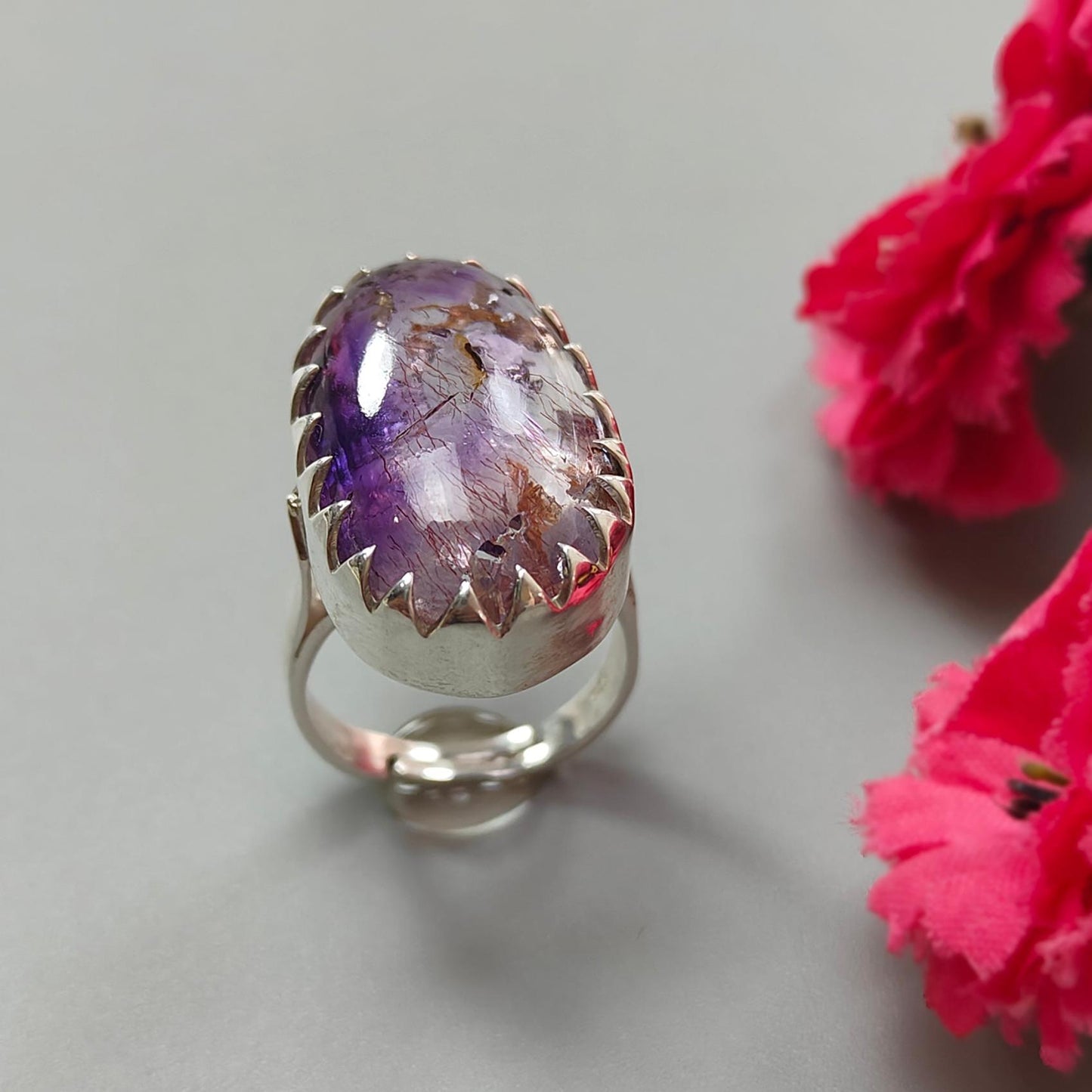 Amethyst Plain Silver Ring: 10.86gms Natural Untreated Super Seven Amethyst Fancy Shape Plain 925 Sterling Silver Bezel Set Adjustable Ring