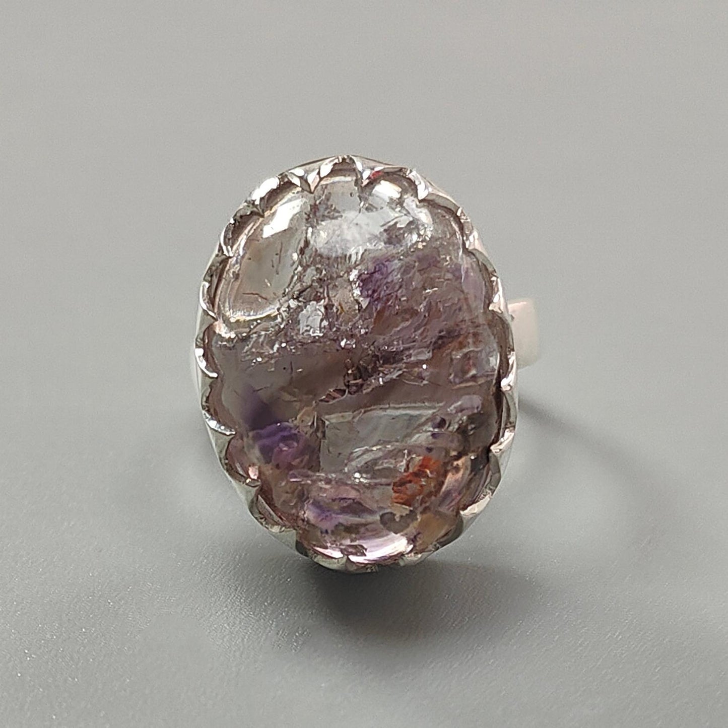 Amethyst Plain Silver Ring: 9.37gms Natural Untreated Super Seven Amethyst Oval Shape Plain 925 Sterling Silver Bezel Set Adjustable Ring