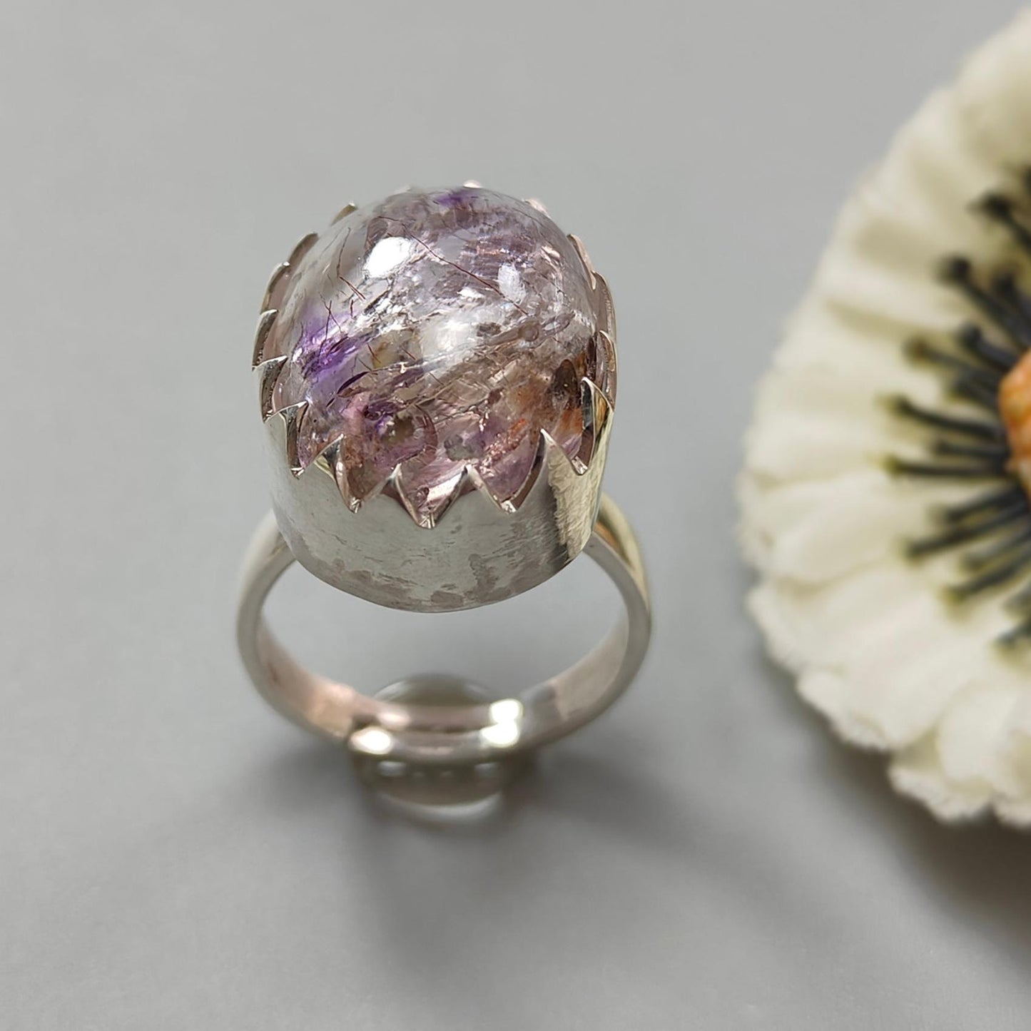 Amethyst Plain Silver Ring: 9.37gms Natural Untreated Super Seven Amethyst Oval Shape Plain 925 Sterling Silver Bezel Set Adjustable Ring