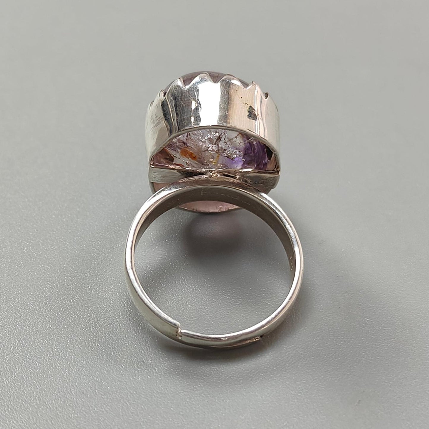 Amethyst Plain Silver Ring: 9.37gms Natural Untreated Super Seven Amethyst Oval Shape Plain 925 Sterling Silver Bezel Set Adjustable Ring