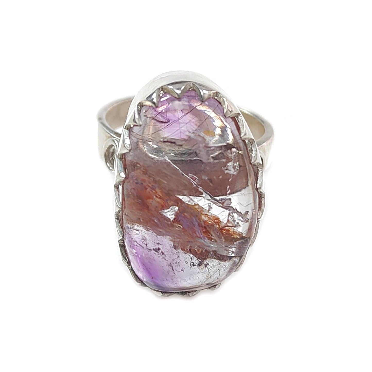 Amethyst Plain Silver Ring: 9.40gms Natural Untreated Super Seven Amethyst Fancy Shape Plain 925 Sterling Silver Bezel Set Adjustable Ring