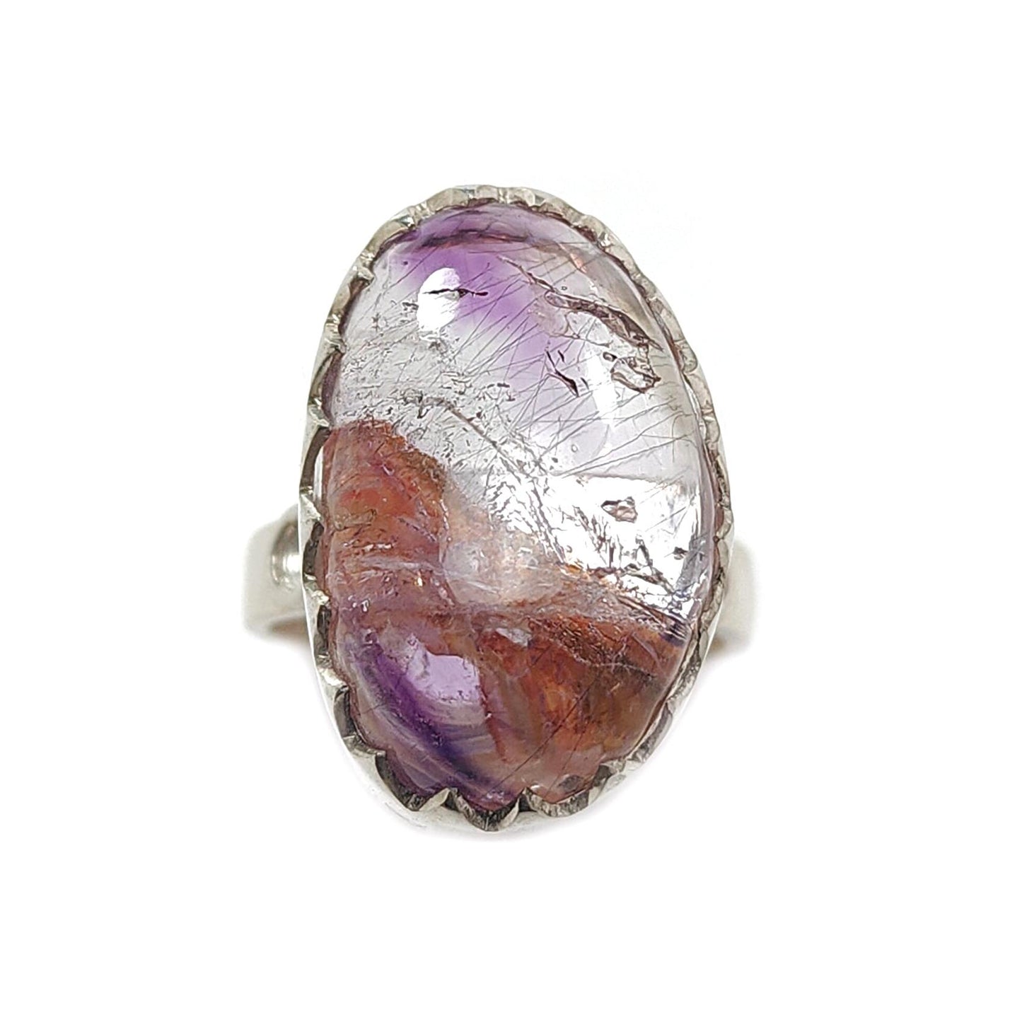 Amethyst Plain Silver Ring: 9.40gms Natural Untreated Super Seven Amethyst Fancy Shape Plain 925 Sterling Silver Bezel Set Adjustable Ring