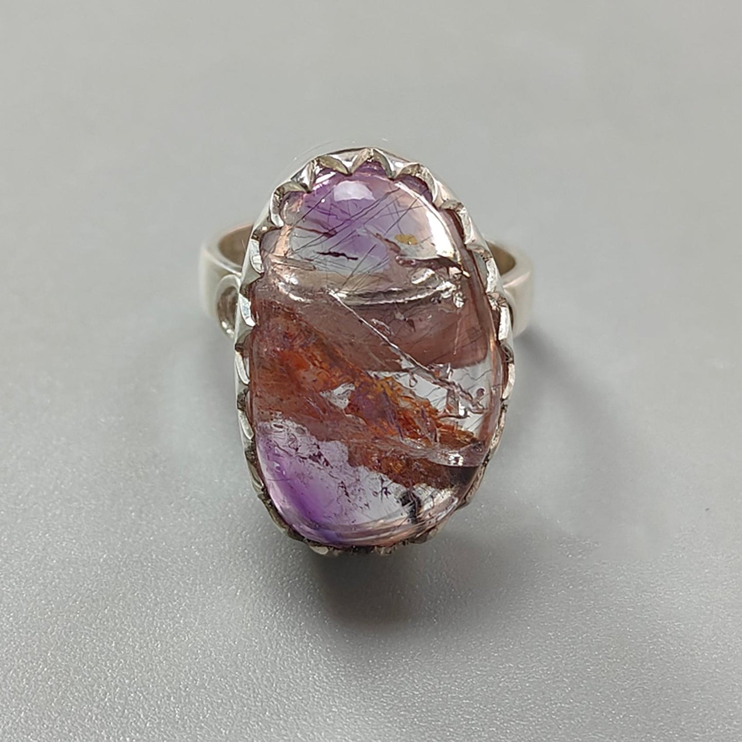 Amethyst Plain Silver Ring: 9.40gms Natural Untreated Super Seven Amethyst Fancy Shape Plain 925 Sterling Silver Bezel Set Adjustable Ring