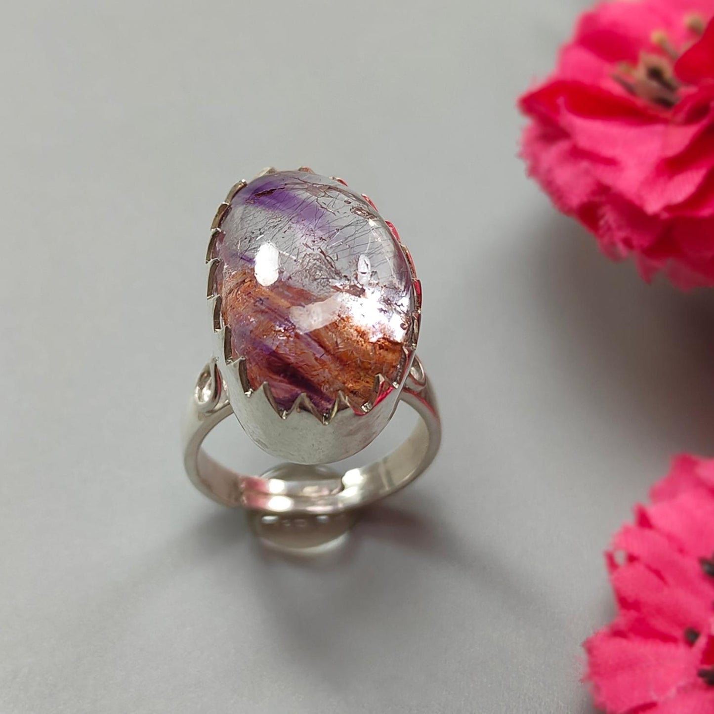 Amethyst Plain Silver Ring: 9.40gms Natural Untreated Super Seven Amethyst Fancy Shape Plain 925 Sterling Silver Bezel Set Adjustable Ring