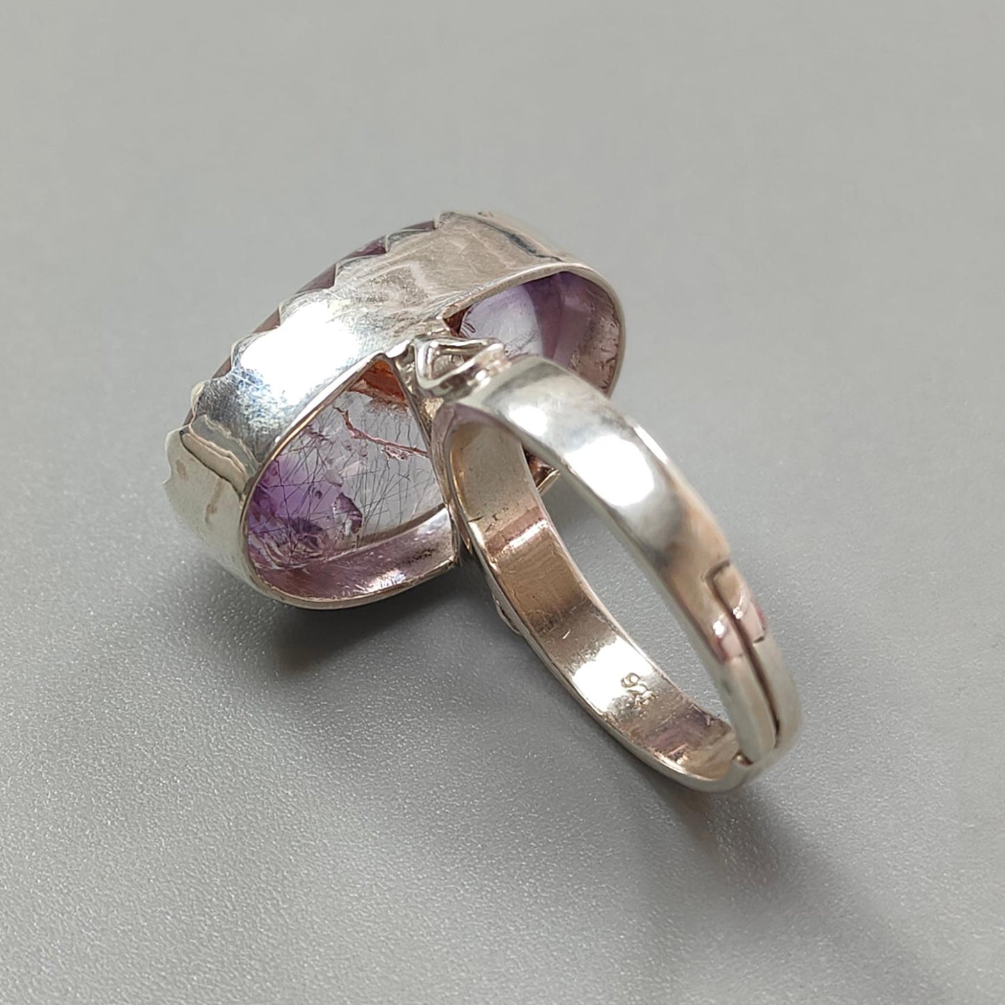 Amethyst Plain Silver Ring: 9.40gms Natural Untreated Super Seven Amethyst Fancy Shape Plain 925 Sterling Silver Bezel Set Adjustable Ring