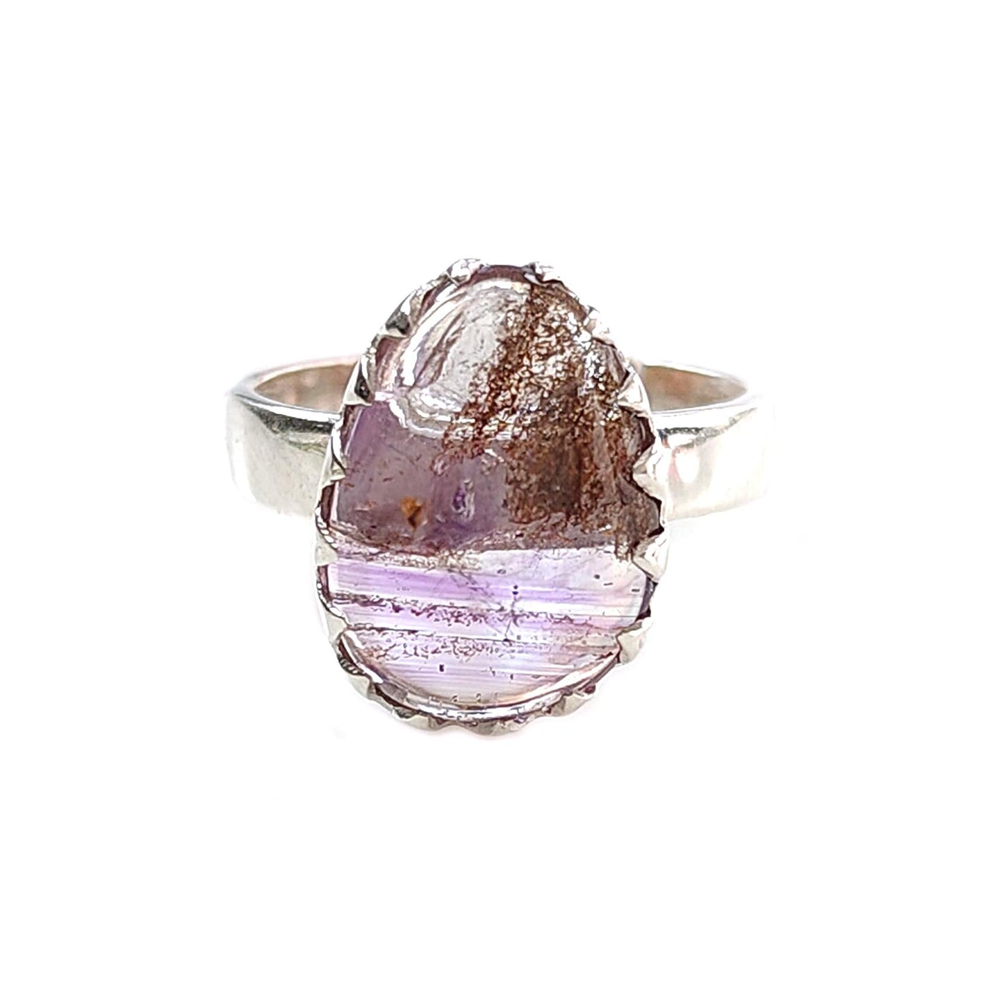 Amethyst Plain Silver Ring: 4.40gms Natural Untreated Super Seven Amethyst Fancy Shape Plain 925 Sterling Silver Bezel Set Adjustable Ring