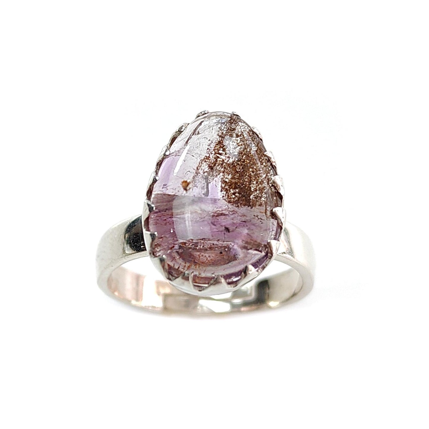 Amethyst Plain Silver Ring: 4.40gms Natural Untreated Super Seven Amethyst Fancy Shape Plain 925 Sterling Silver Bezel Set Adjustable Ring