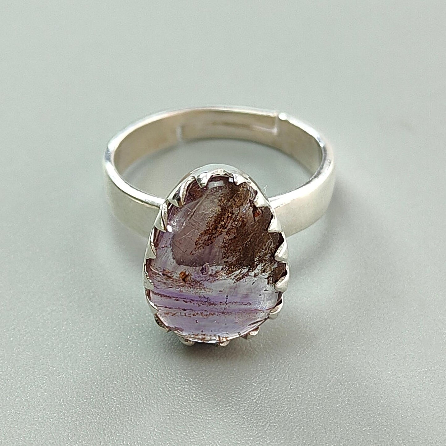 Amethyst Plain Silver Ring: 4.40gms Natural Untreated Super Seven Amethyst Fancy Shape Plain 925 Sterling Silver Bezel Set Adjustable Ring