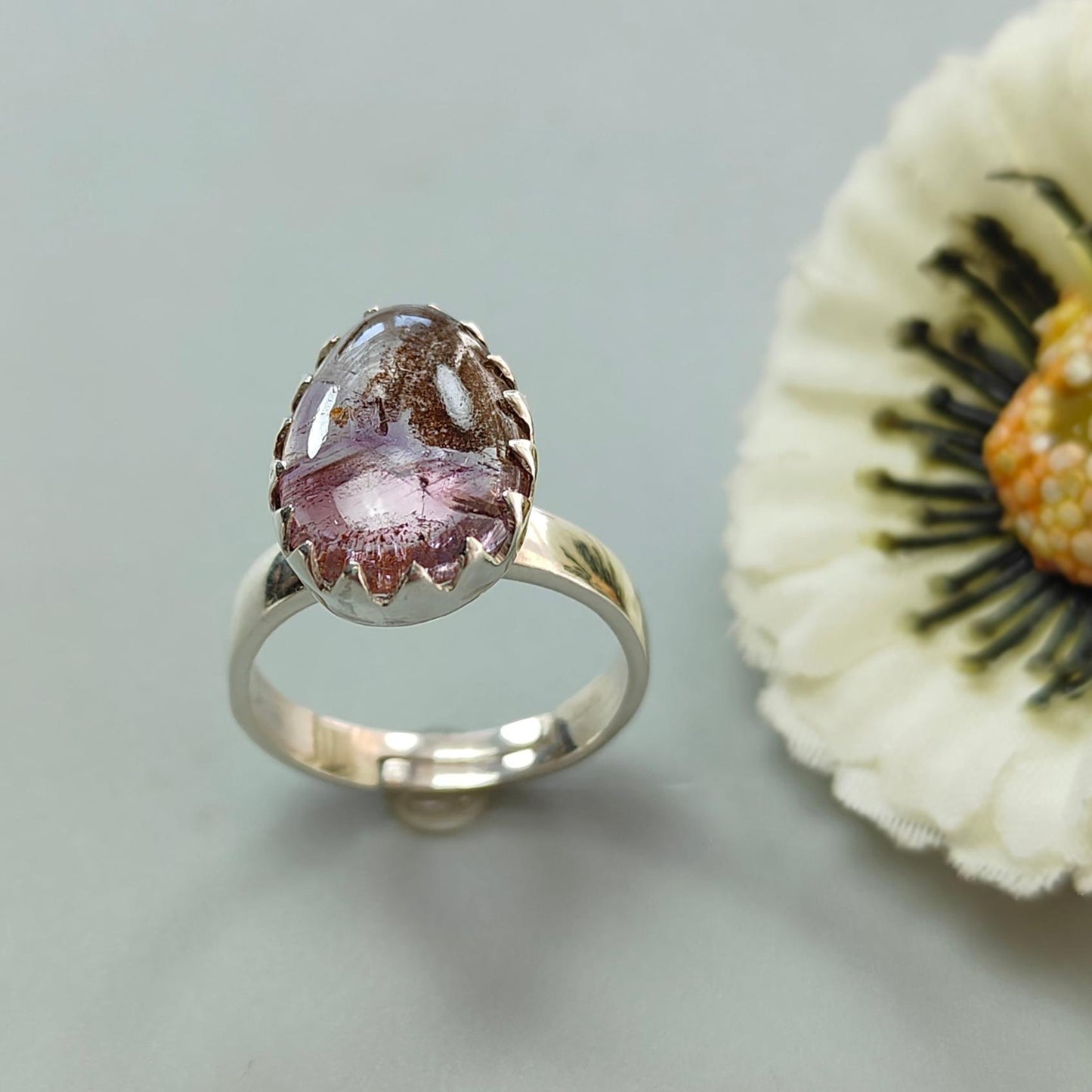 Amethyst Plain Silver Ring: 4.40gms Natural Untreated Super Seven Amethyst Fancy Shape Plain 925 Sterling Silver Bezel Set Adjustable Ring