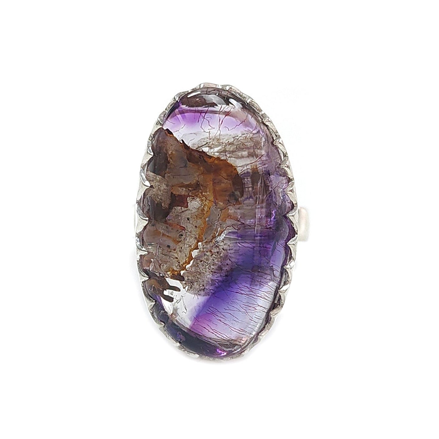 Amethyst Plain Silver Ring: 9.92gms Natural Untreated Super Seven Amethyst Oval Shape Plain 925 Sterling Silver Bezel Set Adjustable Ring