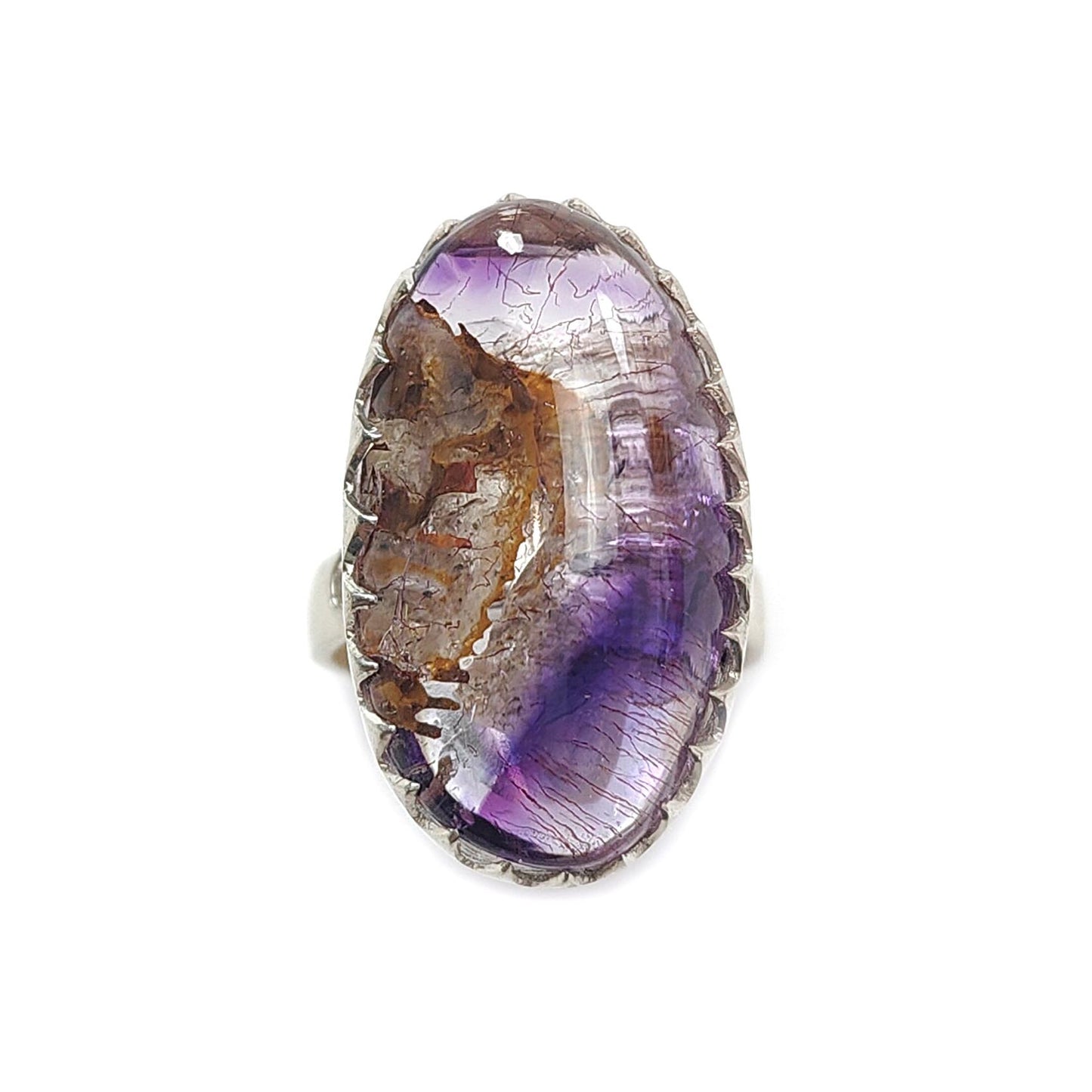 Amethyst Plain Silver Ring: 9.92gms Natural Untreated Super Seven Amethyst Oval Shape Plain 925 Sterling Silver Bezel Set Adjustable Ring