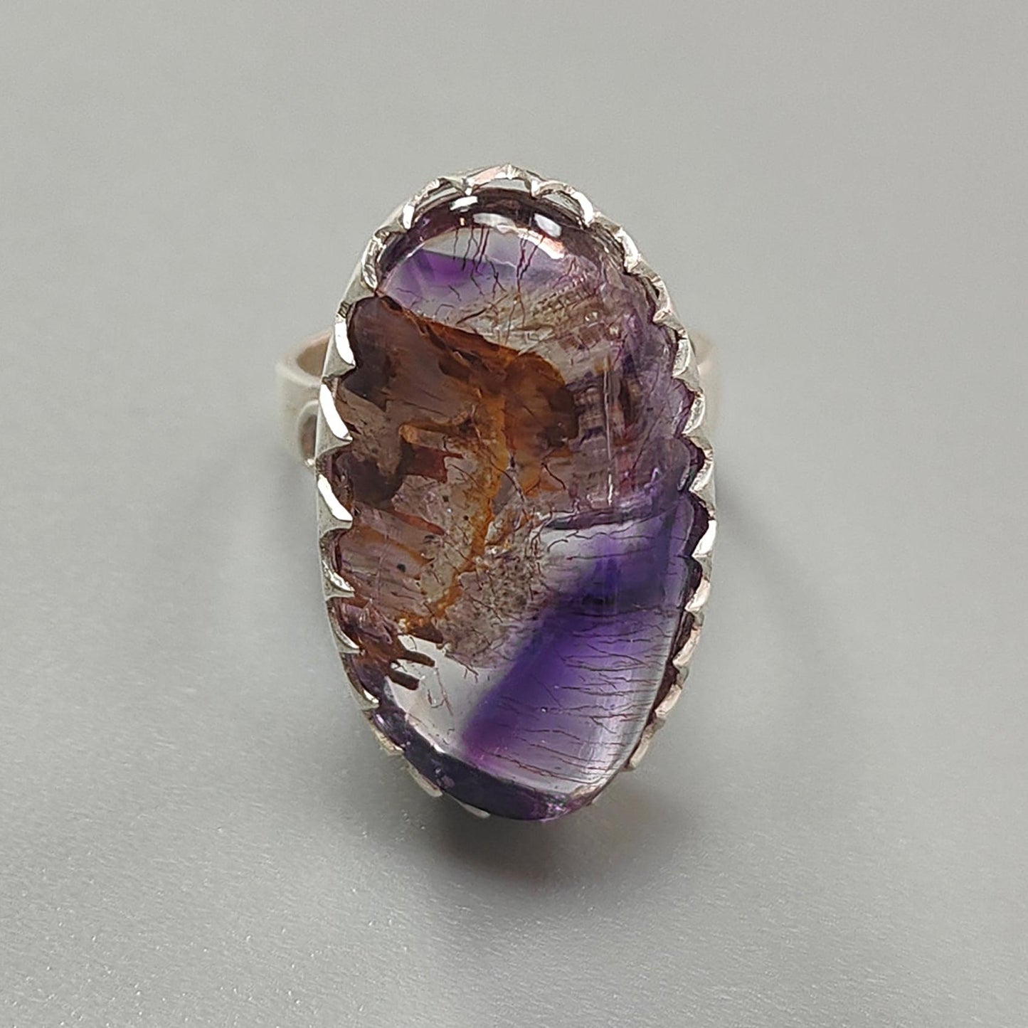 Amethyst Plain Silver Ring: 9.92gms Natural Untreated Super Seven Amethyst Oval Shape Plain 925 Sterling Silver Bezel Set Adjustable Ring