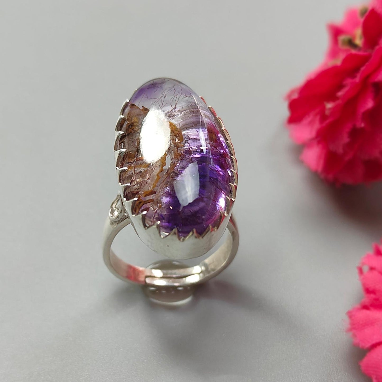 Amethyst Plain Silver Ring: 9.92gms Natural Untreated Super Seven Amethyst Oval Shape Plain 925 Sterling Silver Bezel Set Adjustable Ring