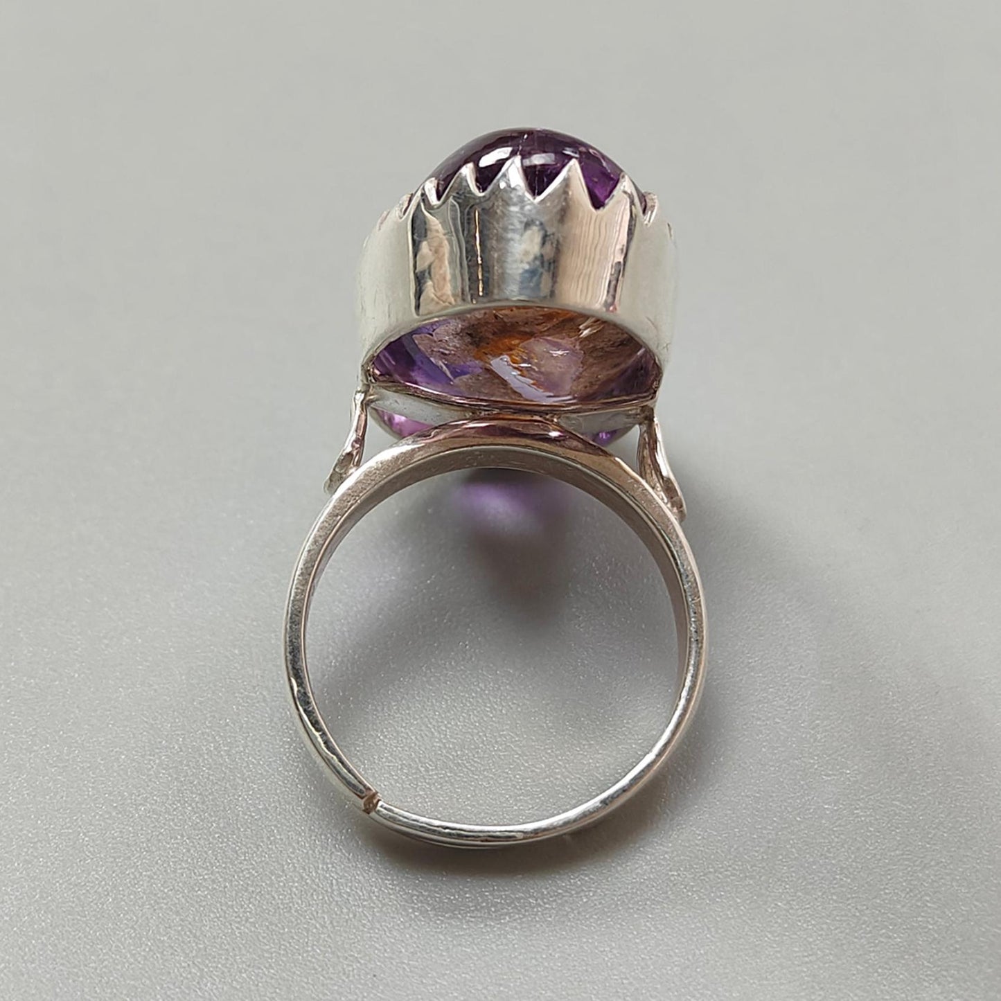 Amethyst Plain Silver Ring: 9.92gms Natural Untreated Super Seven Amethyst Oval Shape Plain 925 Sterling Silver Bezel Set Adjustable Ring