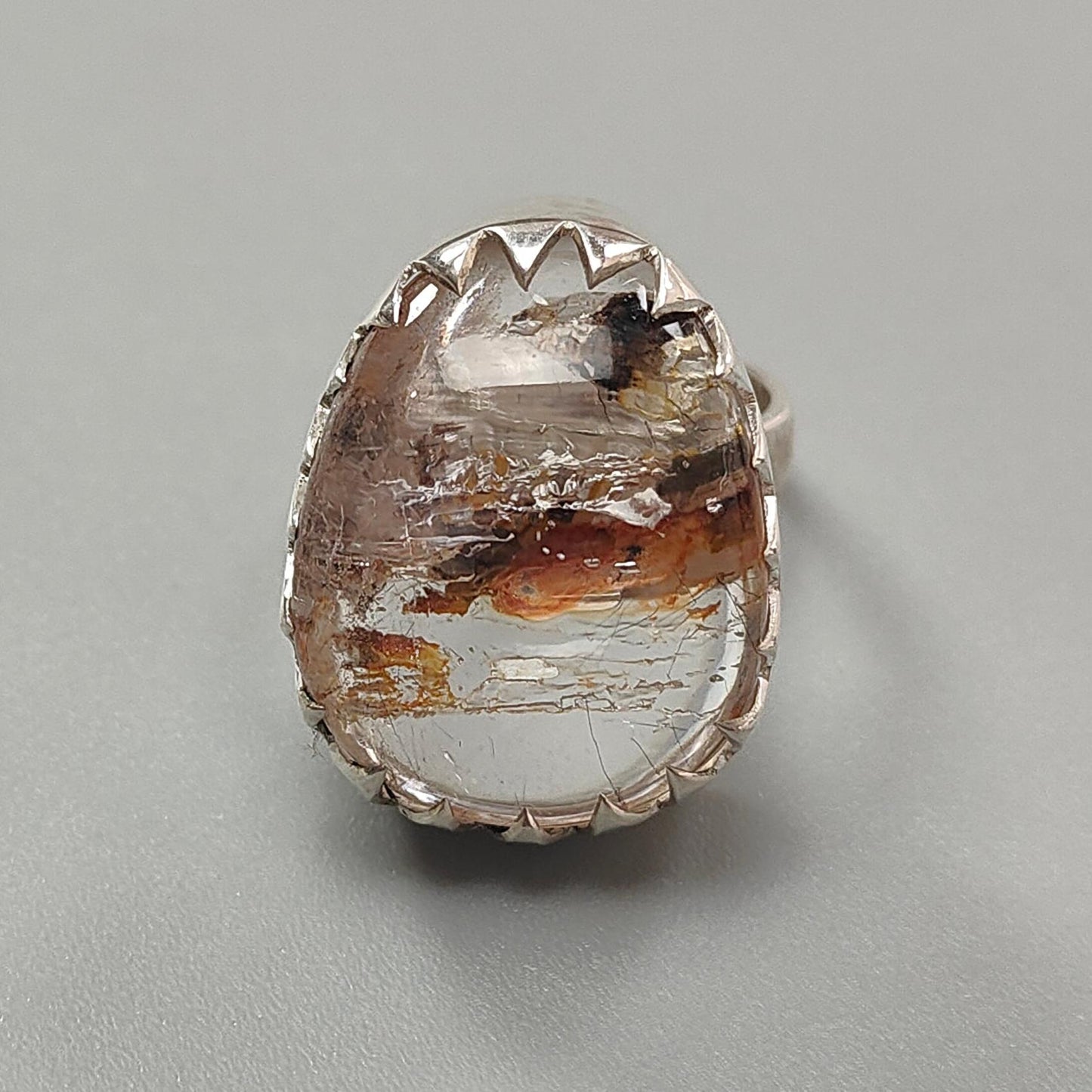 Amethyst Plain Silver Ring: 12.08gms Natural Untreated Super Seven Amethyst Fancy Shape Plain 925 Sterling Silver Bezel Set Adjustable Ring