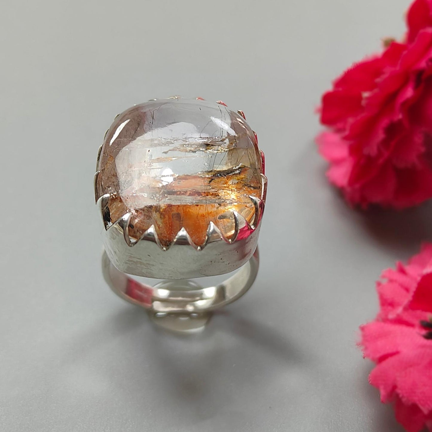 Amethyst Plain Silver Ring: 12.08gms Natural Untreated Super Seven Amethyst Fancy Shape Plain 925 Sterling Silver Bezel Set Adjustable Ring