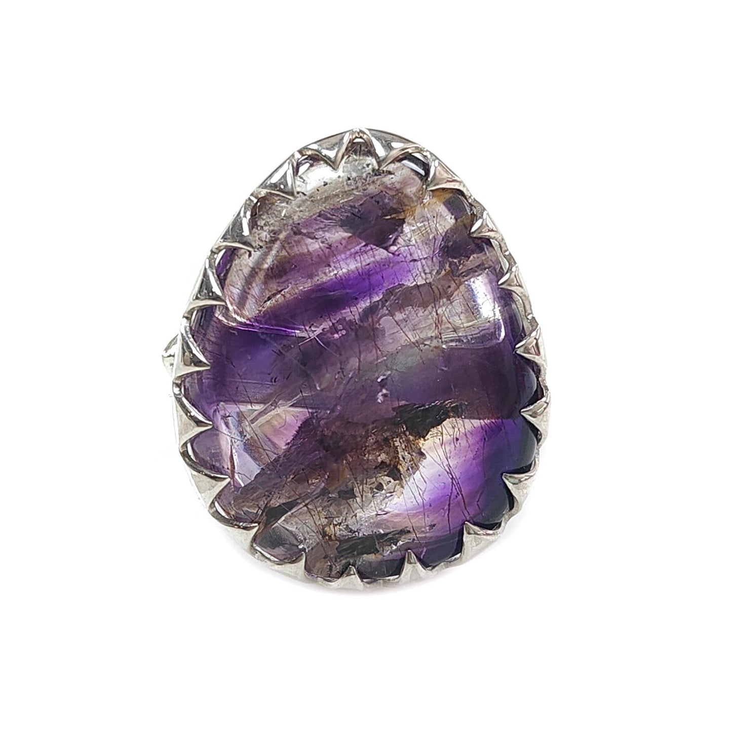 Amethyst Plain Silver Ring: 12.19gms Natural Untreated Super Seven Amethyst Fancy Shape Plain 925 Sterling Silver Bezel Set Adjustable Ring
