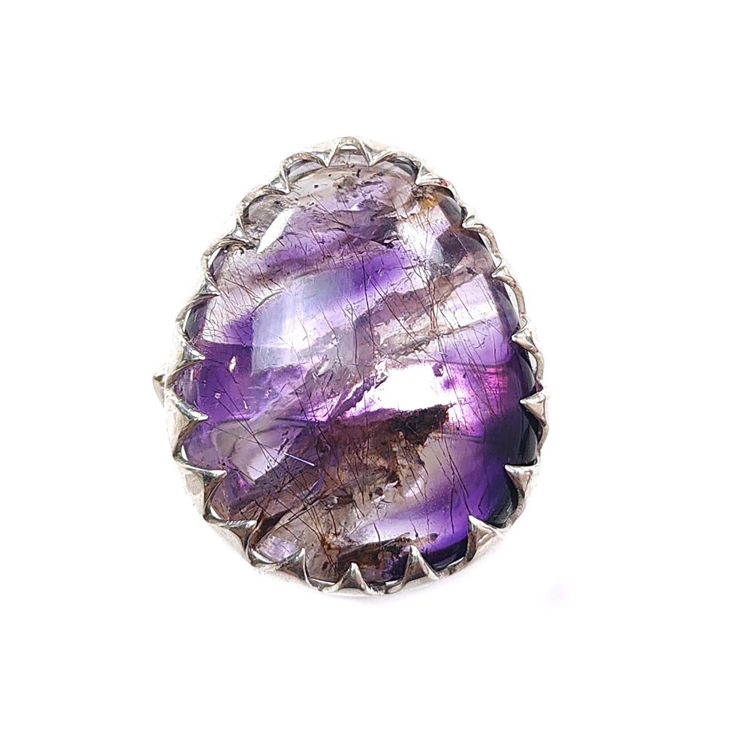 Amethyst Plain Silver Ring: 12.19gms Natural Untreated Super Seven Amethyst Fancy Shape Plain 925 Sterling Silver Bezel Set Adjustable Ring