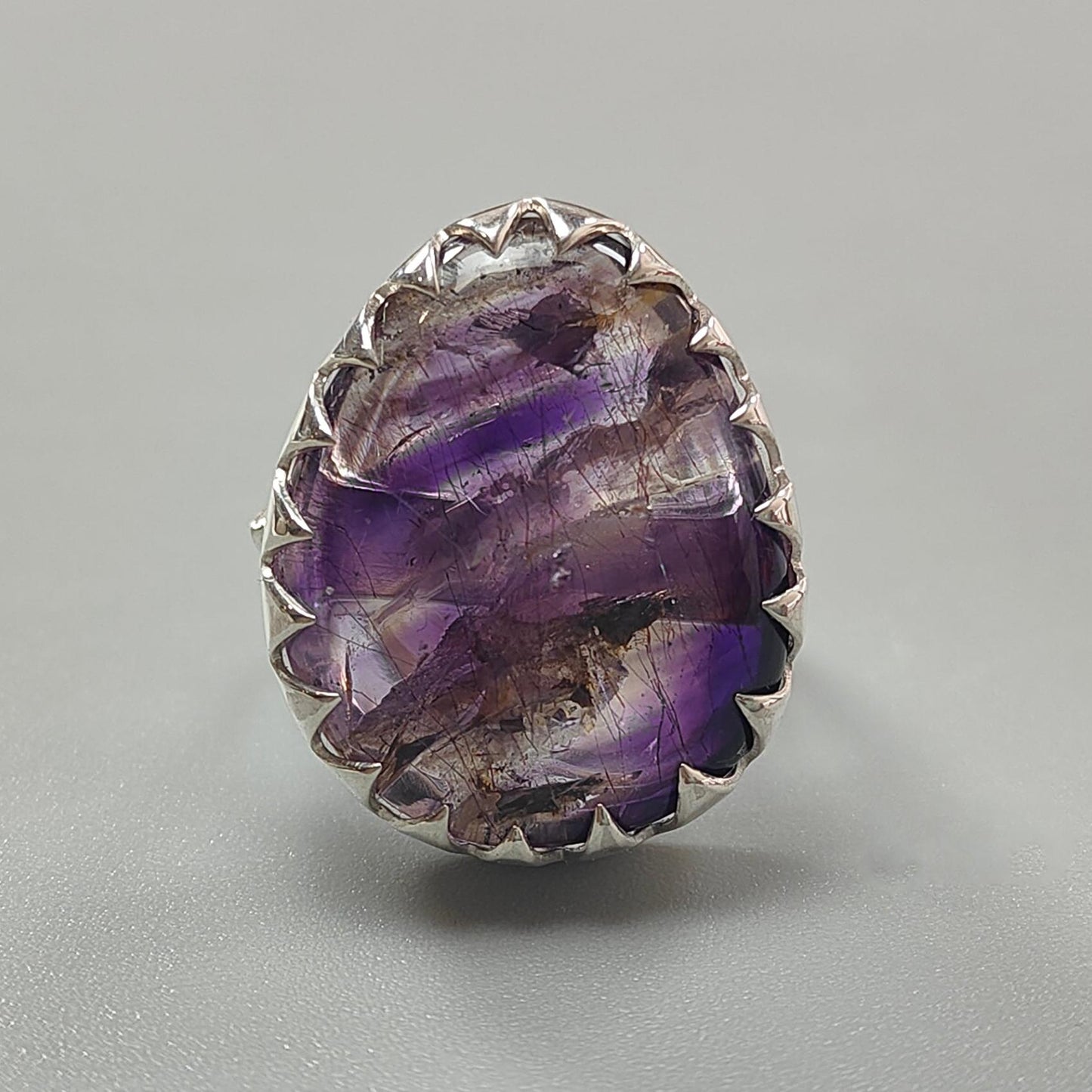 Amethyst Plain Silver Ring: 12.19gms Natural Untreated Super Seven Amethyst Fancy Shape Plain 925 Sterling Silver Bezel Set Adjustable Ring