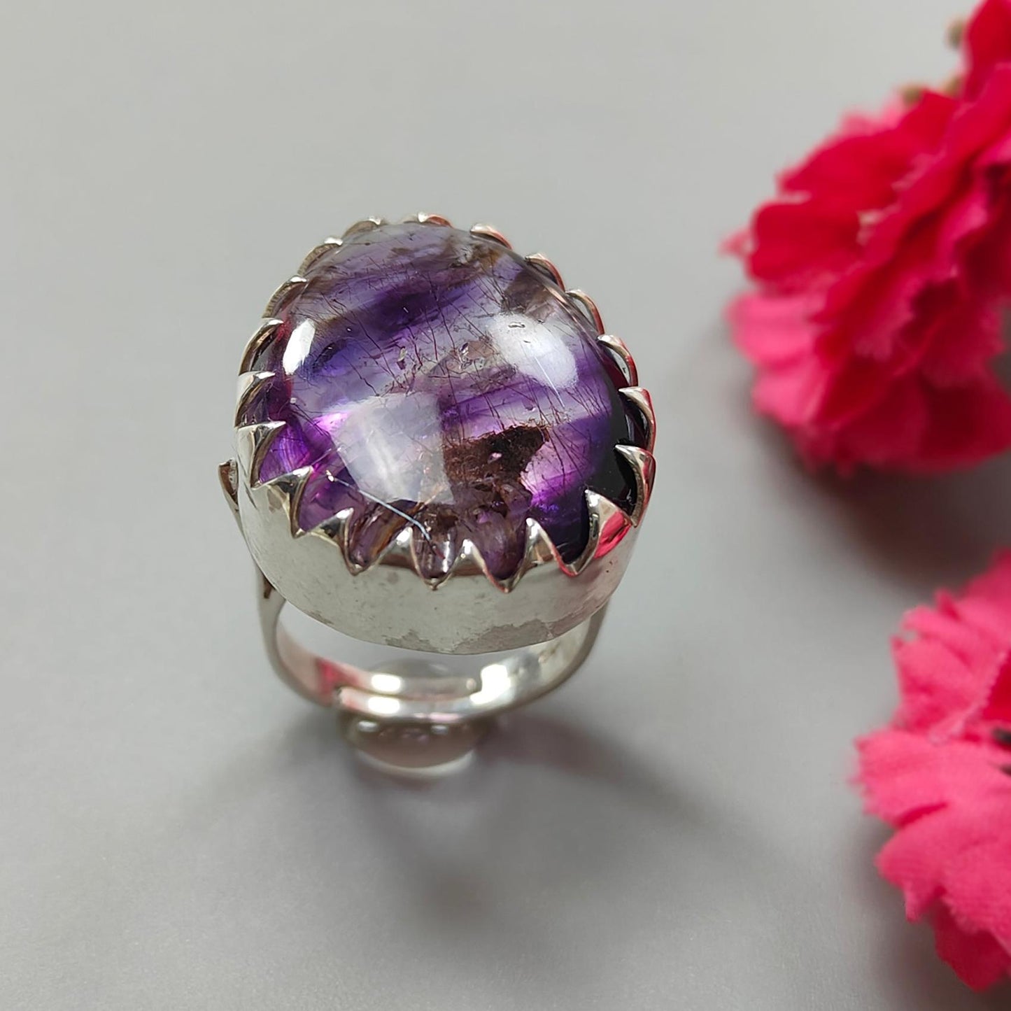 Amethyst Plain Silver Ring: 12.19gms Natural Untreated Super Seven Amethyst Fancy Shape Plain 925 Sterling Silver Bezel Set Adjustable Ring