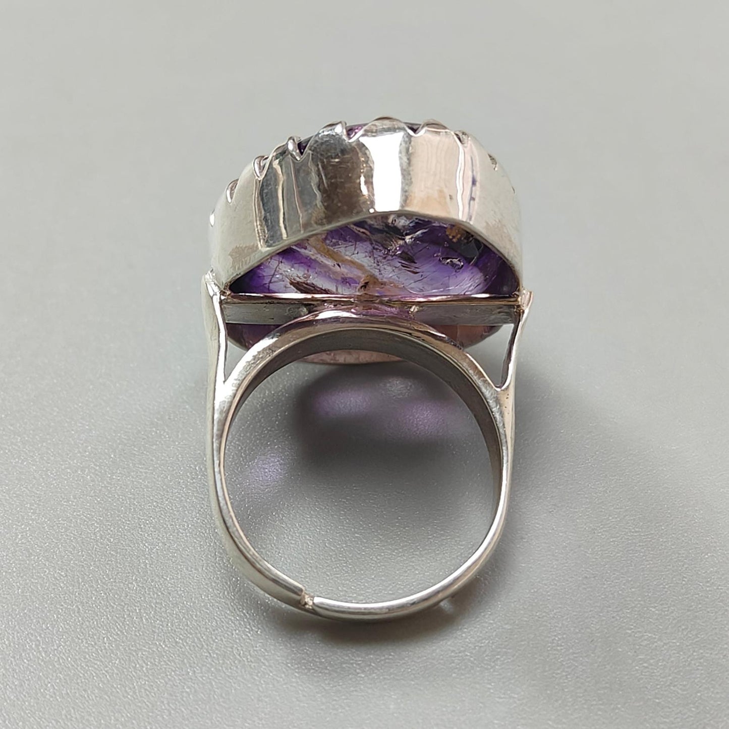 Amethyst Plain Silver Ring: 12.19gms Natural Untreated Super Seven Amethyst Fancy Shape Plain 925 Sterling Silver Bezel Set Adjustable Ring