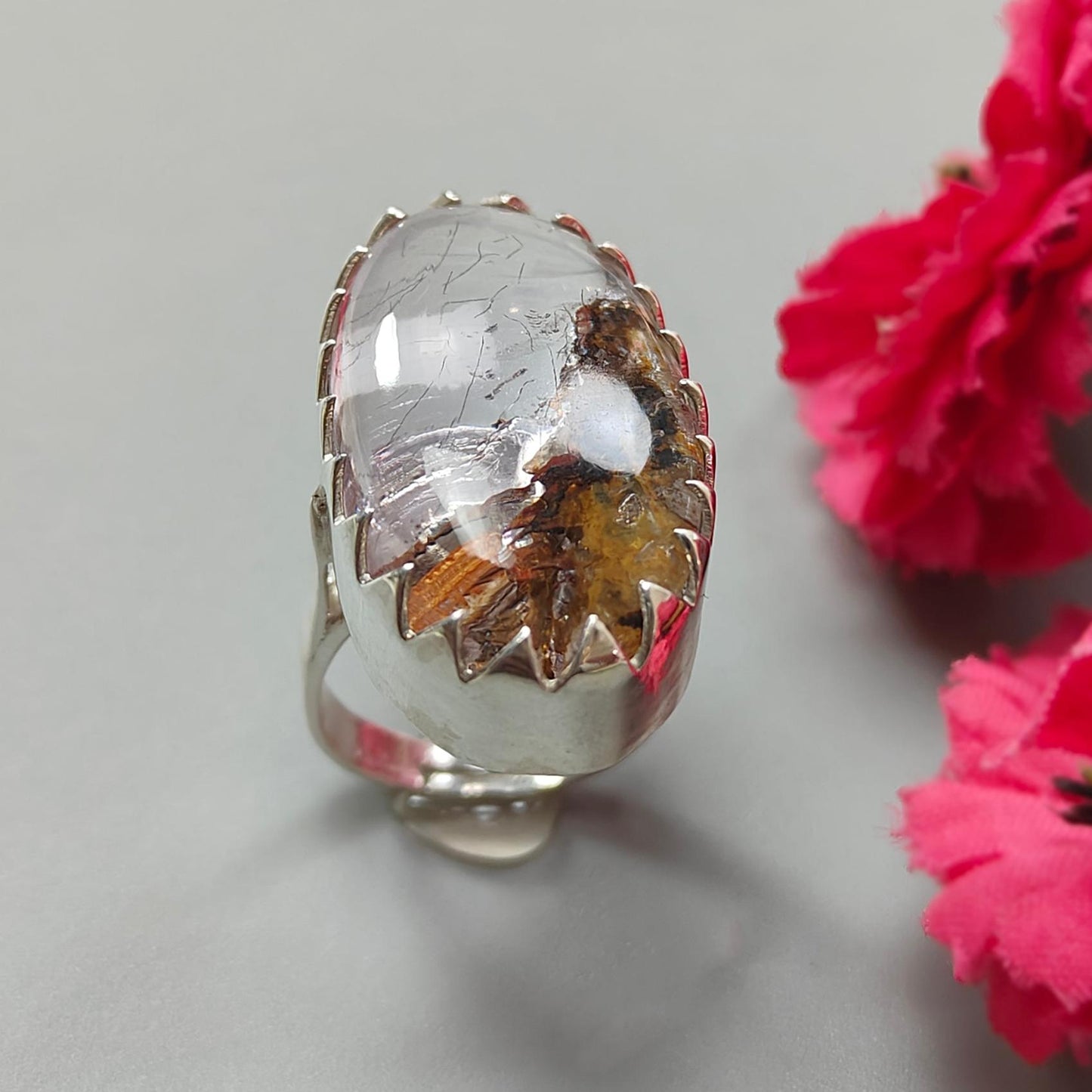 Amethyst Plain Silver Ring: 13.60gms Natural Untreated Super Seven Amethyst Oval Shape Plain 925 Sterling Silver Bezel Set Adjustable Ring