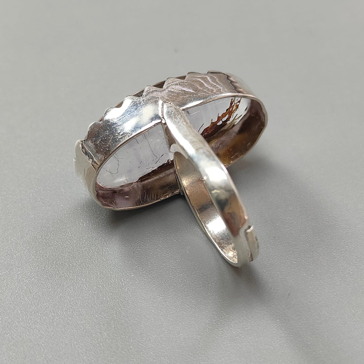 Amethyst Plain Silver Ring: 13.60gms Natural Untreated Super Seven Amethyst Oval Shape Plain 925 Sterling Silver Bezel Set Adjustable Ring