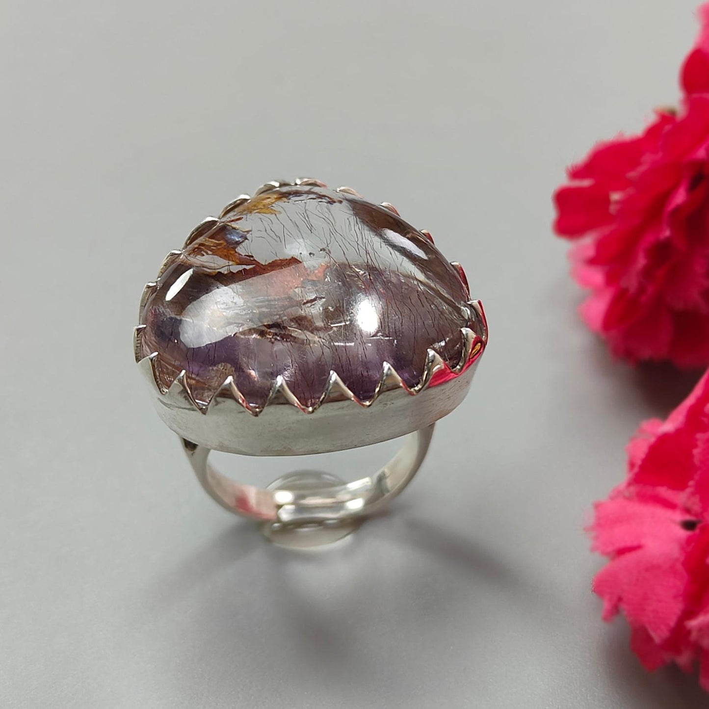 Amethyst Plain Silver Ring: 14.12gms Natural Untreated Super Seven Amethyst Triangle Plain 925 Sterling Silver Bezel Set Adjustable Ring