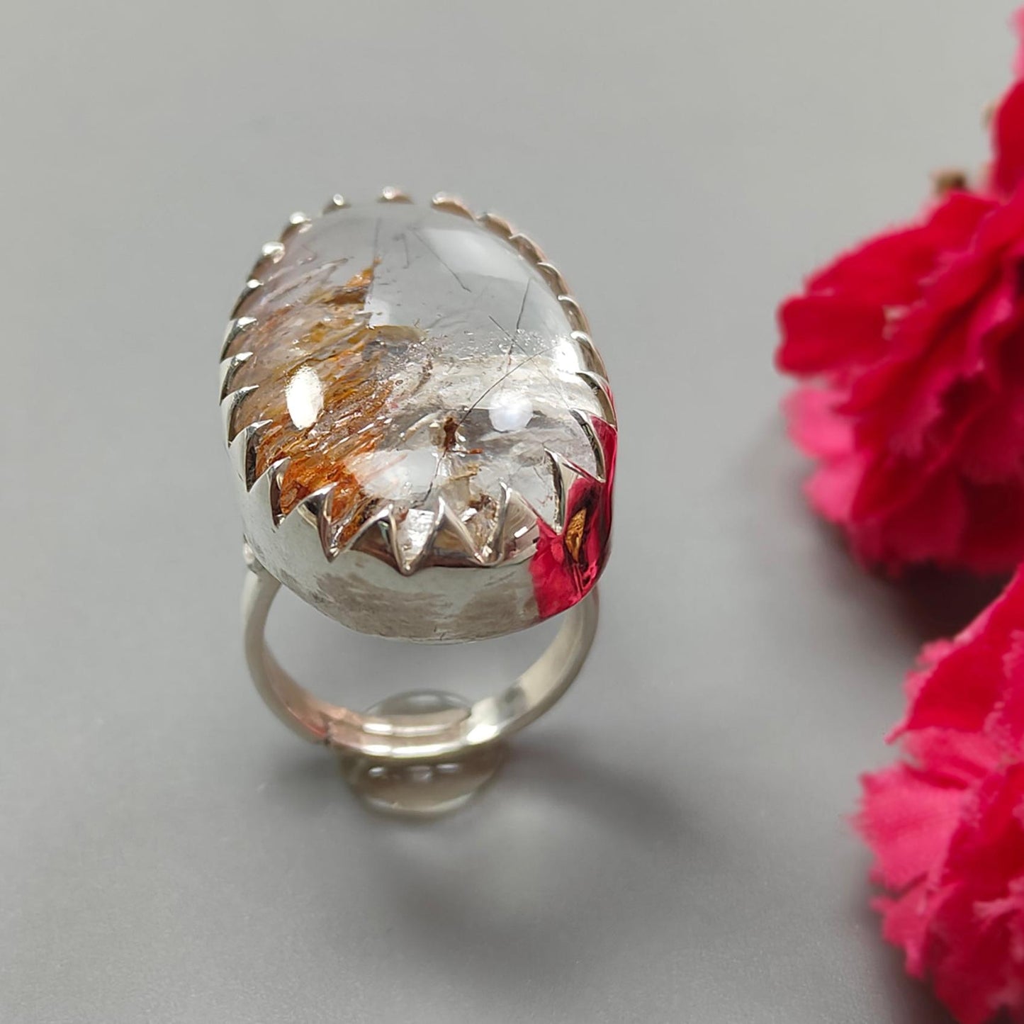 Amethyst Plain Silver Ring: 14.37gms Natural Untreated Super Seven Amethyst Oval Shape Plain 925 Sterling Silver Bezel Set Adjustable Ring