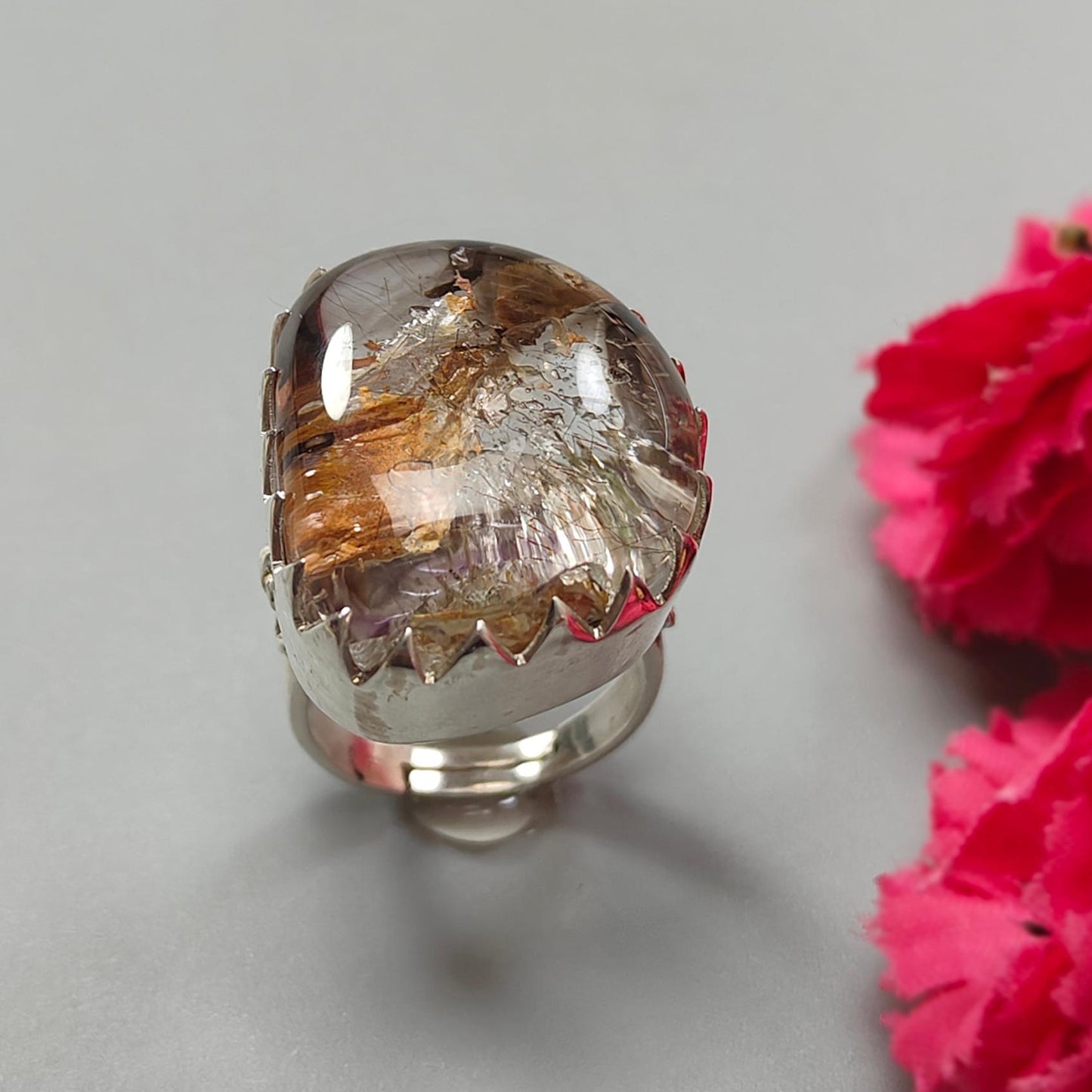 Amethyst Plain Silver Ring: 16.10gms Natural Untreated Super Seven Amethyst Fancy Shape Plain 925 Sterling Silver Bezel Set Adjustable Ring