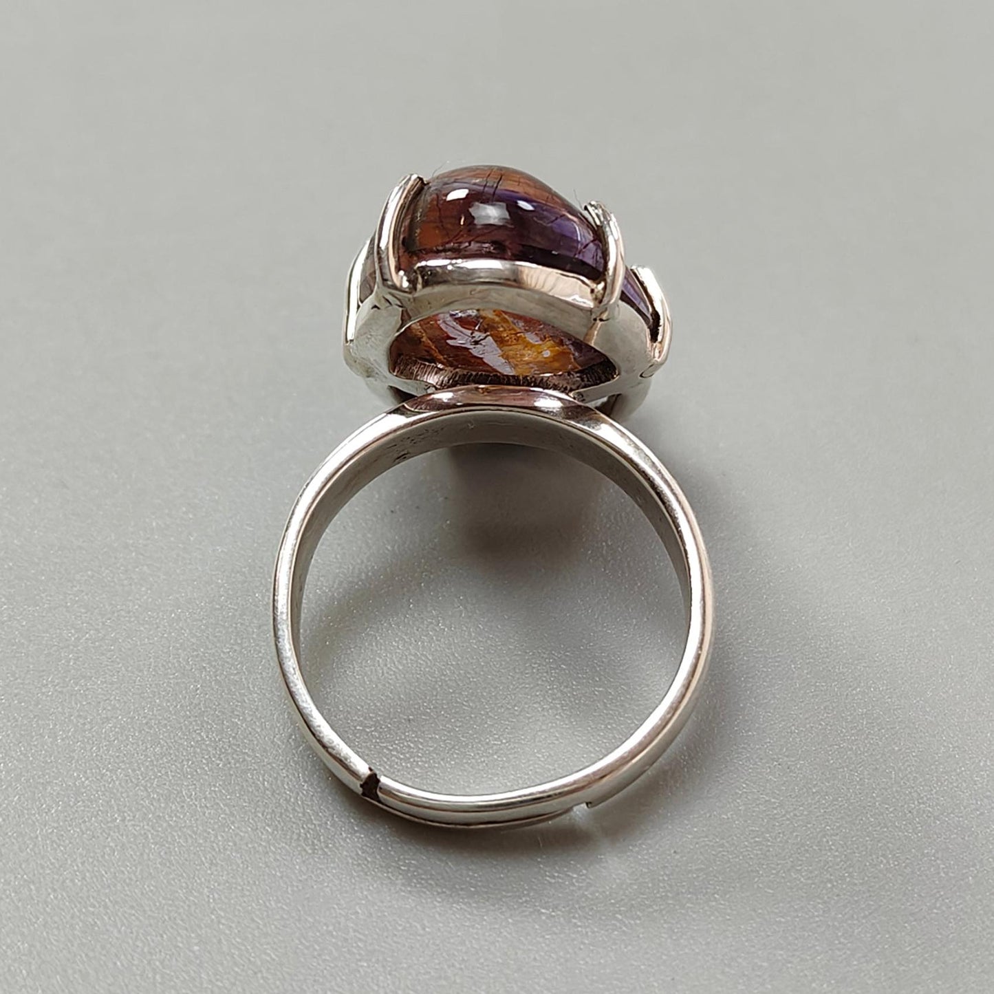 Super Seven Plain Silver Ring: 7.43gms Natural Untreated Amethyst Fancy Shape Plain 925 Sterling Silver Prong Set Adjustable Ring