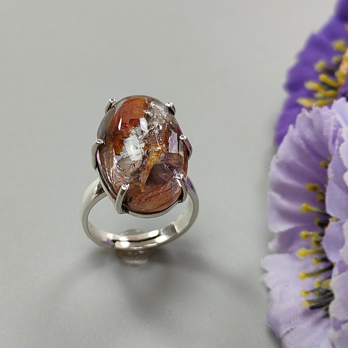 Super Seven Plain Silver Ring: 7.43gms Natural Untreated Amethyst Fancy Shape Plain 925 Sterling Silver Prong Set Adjustable Ring