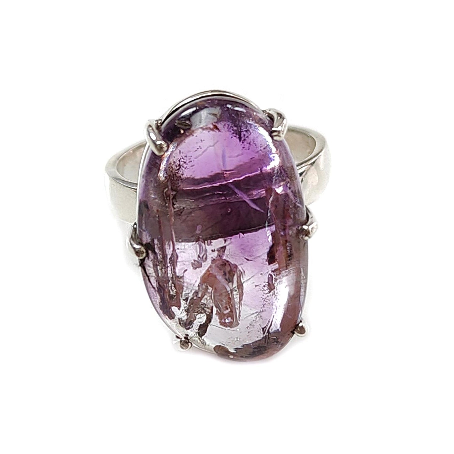 Super Seven Plain Silver Ring: 7.57gms Natural Untreated Amethyst Fancy Shape Plain 925 Sterling Silver Prong Set Adjustable Ring