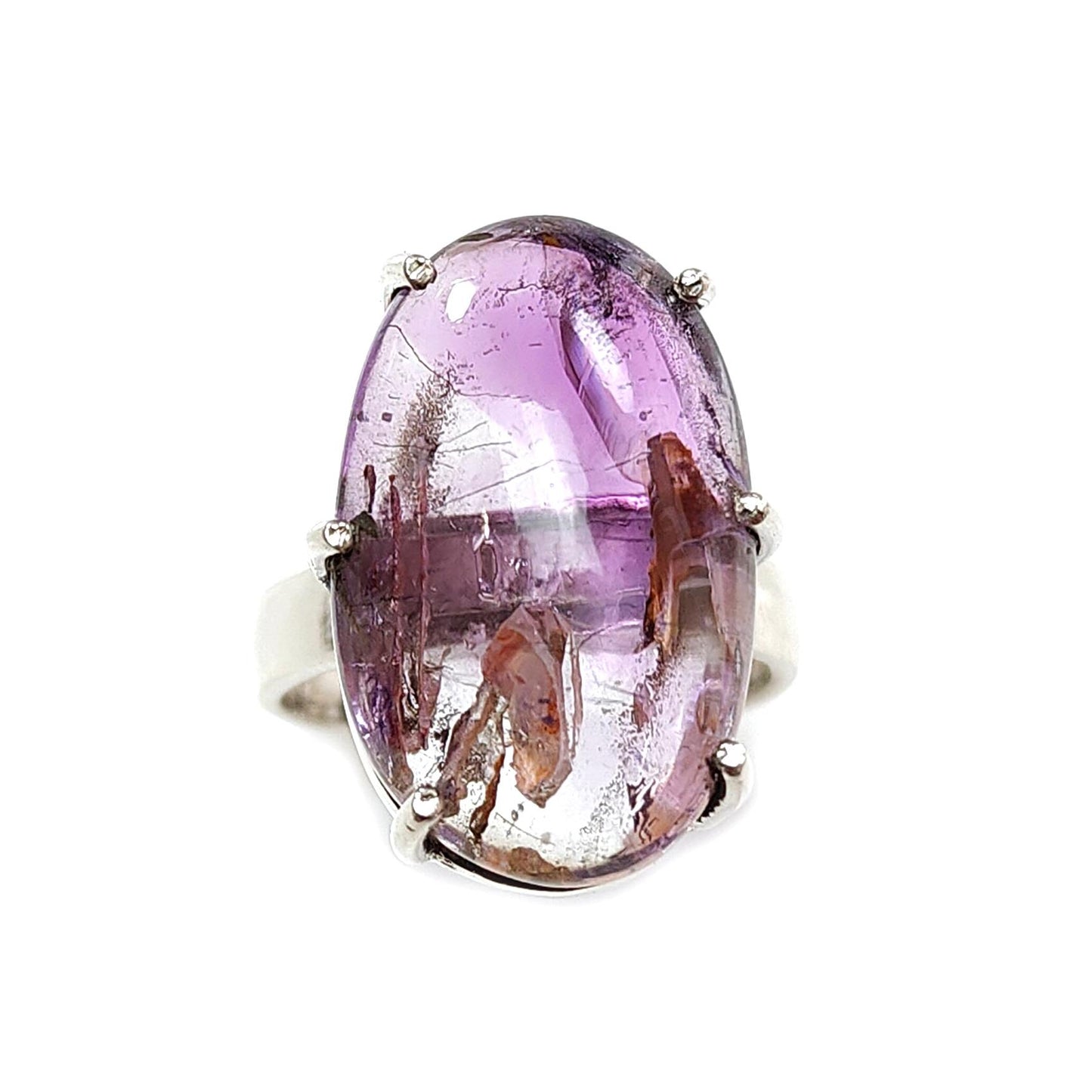 Super Seven Plain Silver Ring: 7.57gms Natural Untreated Amethyst Fancy Shape Plain 925 Sterling Silver Prong Set Adjustable Ring
