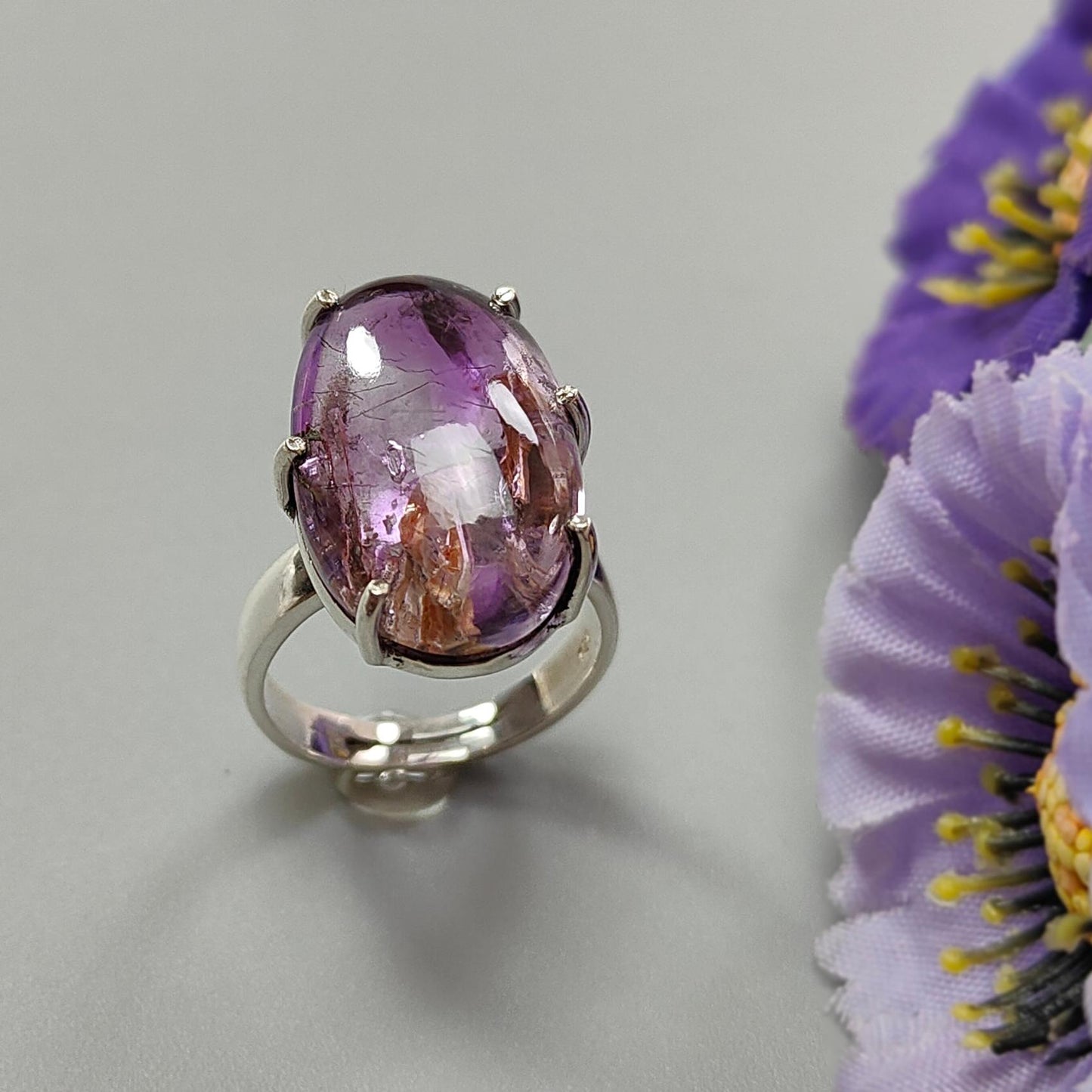 Super Seven Plain Silver Ring: 7.57gms Natural Untreated Amethyst Fancy Shape Plain 925 Sterling Silver Prong Set Adjustable Ring
