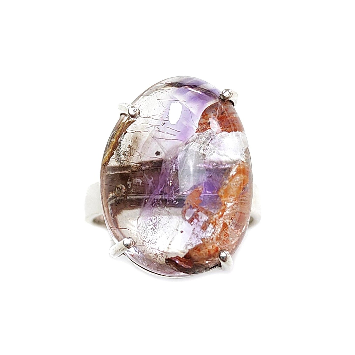 Super Seven Plain Silver Ring: 8.08gms Natural Untreated Amethyst Fancy Shape Plain 925 Sterling Silver Prong Set Adjustable Ring