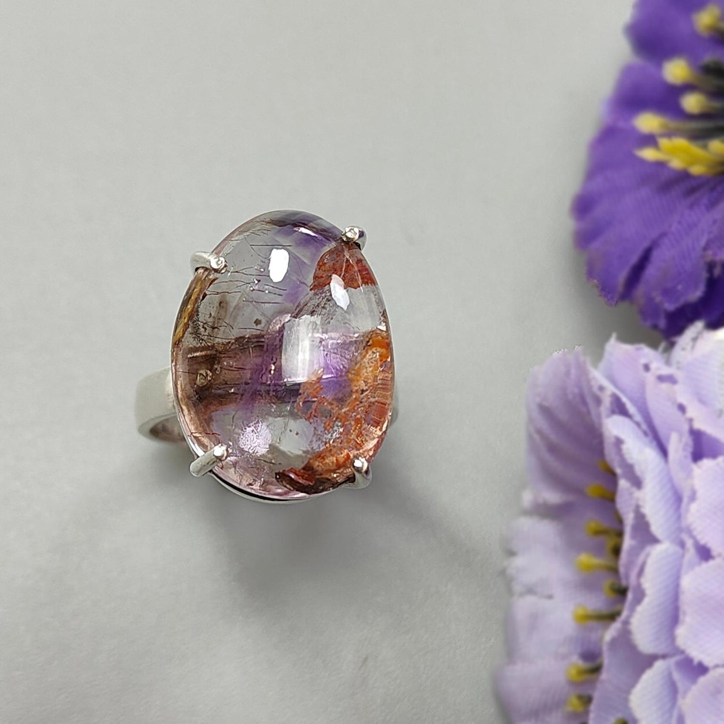 Super Seven Plain Silver Ring: 8.08gms Natural Untreated Amethyst Fancy Shape Plain 925 Sterling Silver Prong Set Adjustable Ring