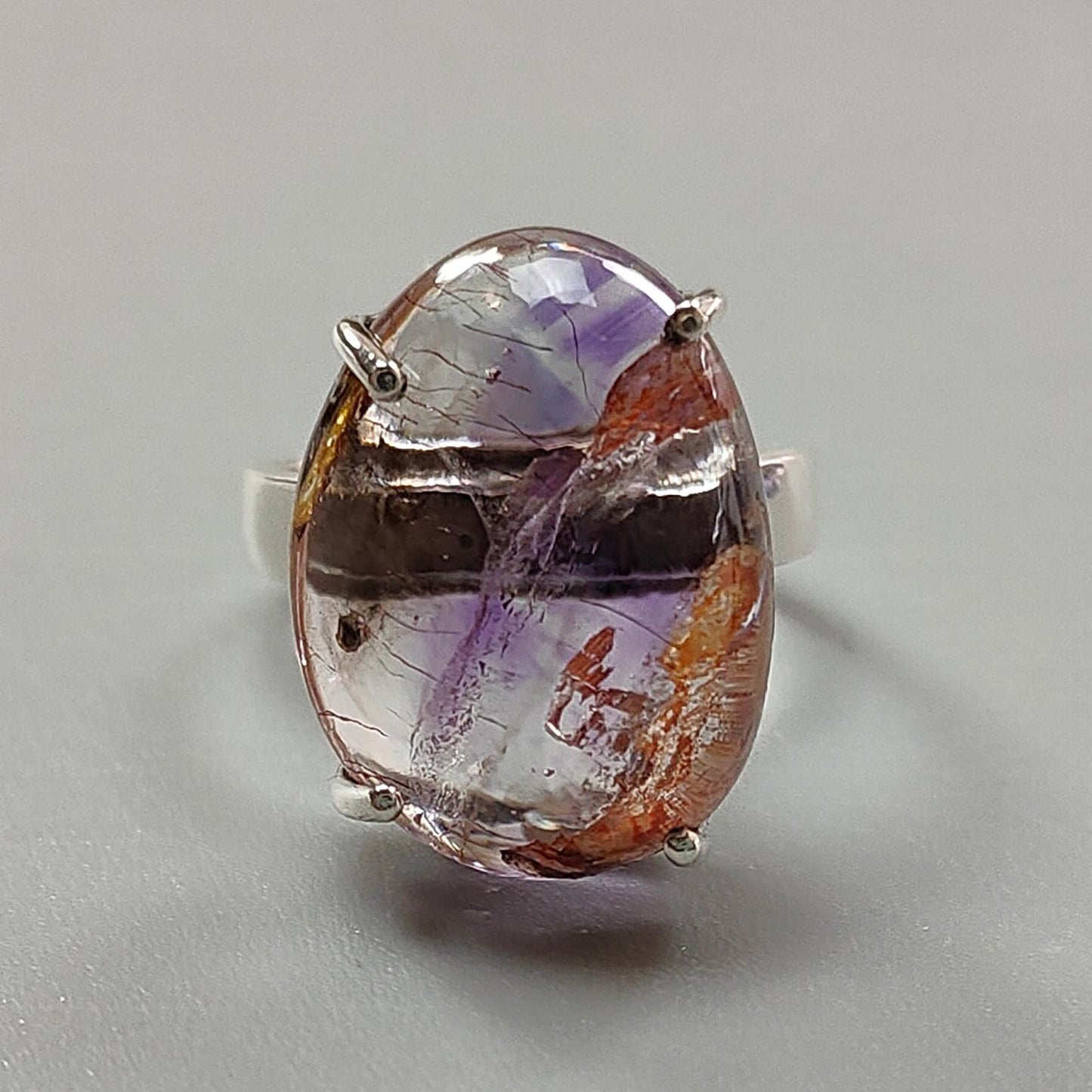 Super Seven Plain Silver Ring: 8.08gms Natural Untreated Amethyst Fancy Shape Plain 925 Sterling Silver Prong Set Adjustable Ring