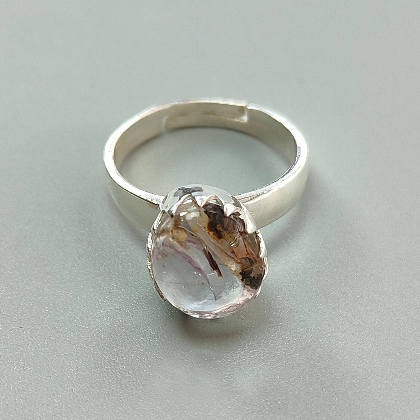 Amethyst Plain Silver Ring: 4.57gms Natural Untreated Super Seven Amethyst Fancy Shape Plain 925 Sterling Silver Bezel Set Adjustable Ring