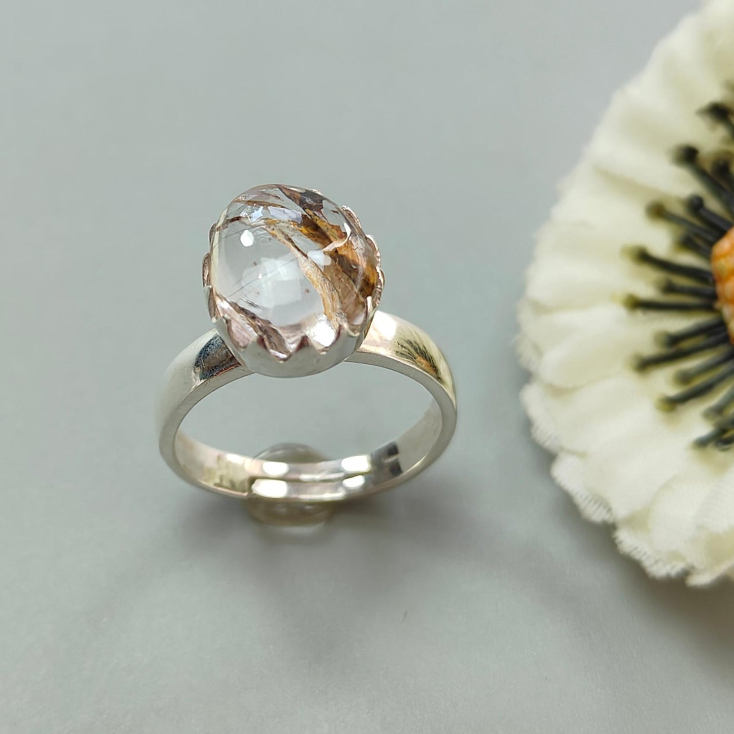 Amethyst Plain Silver Ring: 4.57gms Natural Untreated Super Seven Amethyst Fancy Shape Plain 925 Sterling Silver Bezel Set Adjustable Ring