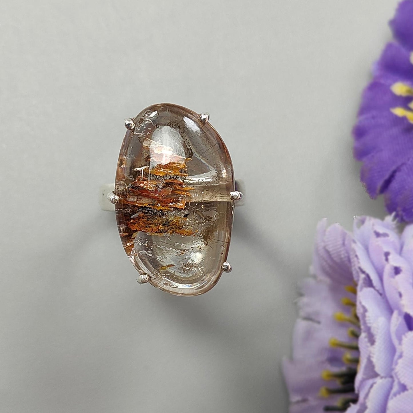 Super Seven Plain Silver Ring: 8.23gms Natural Untreated Amethyst Fancy Shape Plain 925 Sterling Silver Prong Set Adjustable Ring