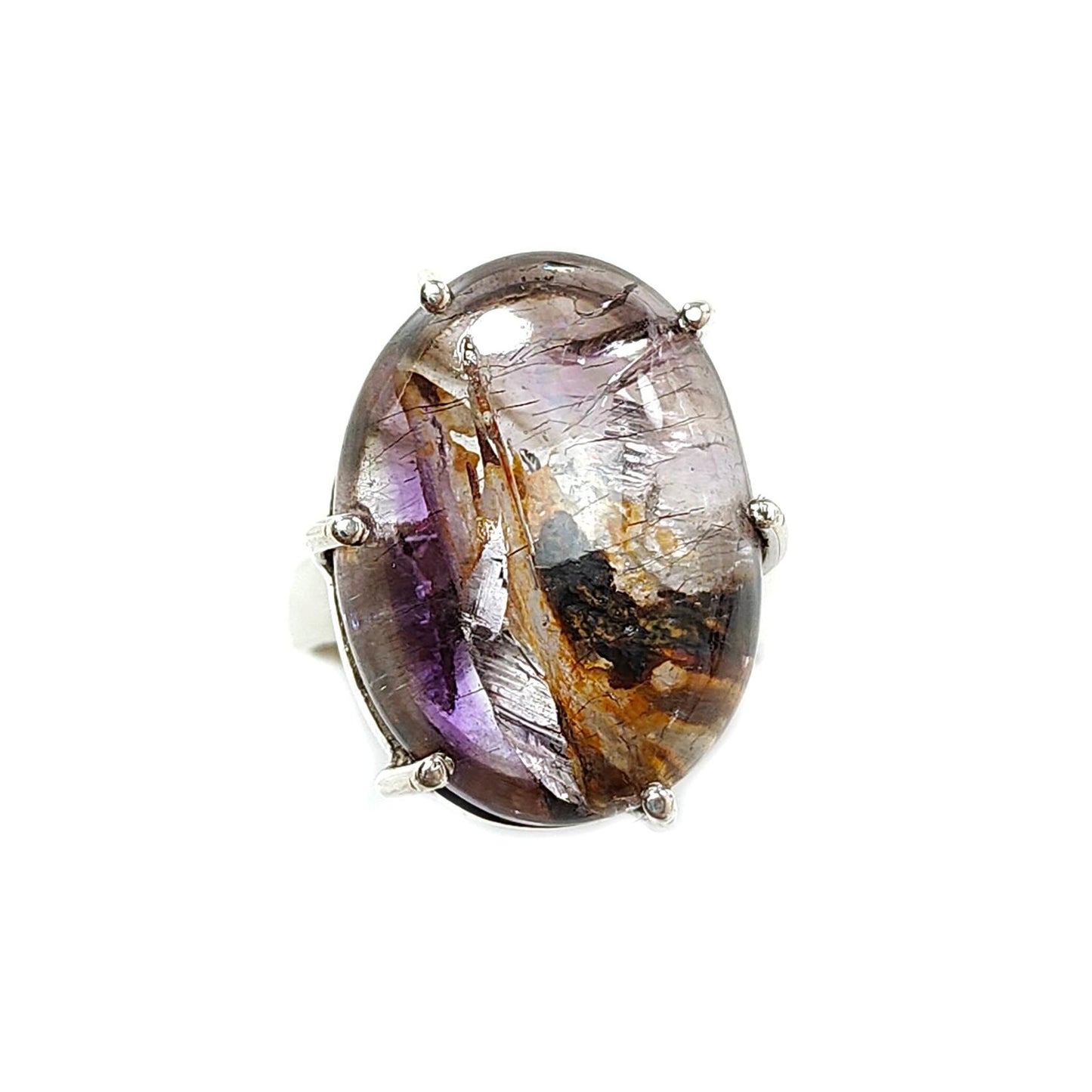 Super Seven Plain Silver Ring: 8.48gms Natural Untreated Amethyst Oval Shape Plain 925 Sterling Silver Prong Set Adjustable Ring