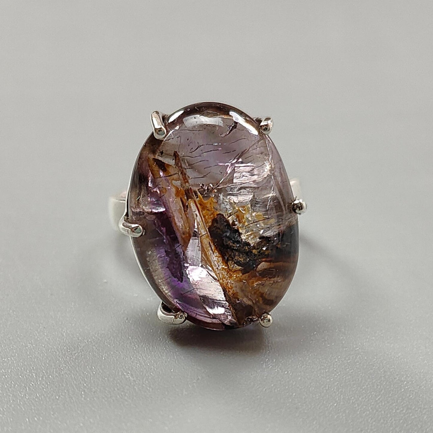 Super Seven Plain Silver Ring: 8.48gms Natural Untreated Amethyst Oval Shape Plain 925 Sterling Silver Prong Set Adjustable Ring