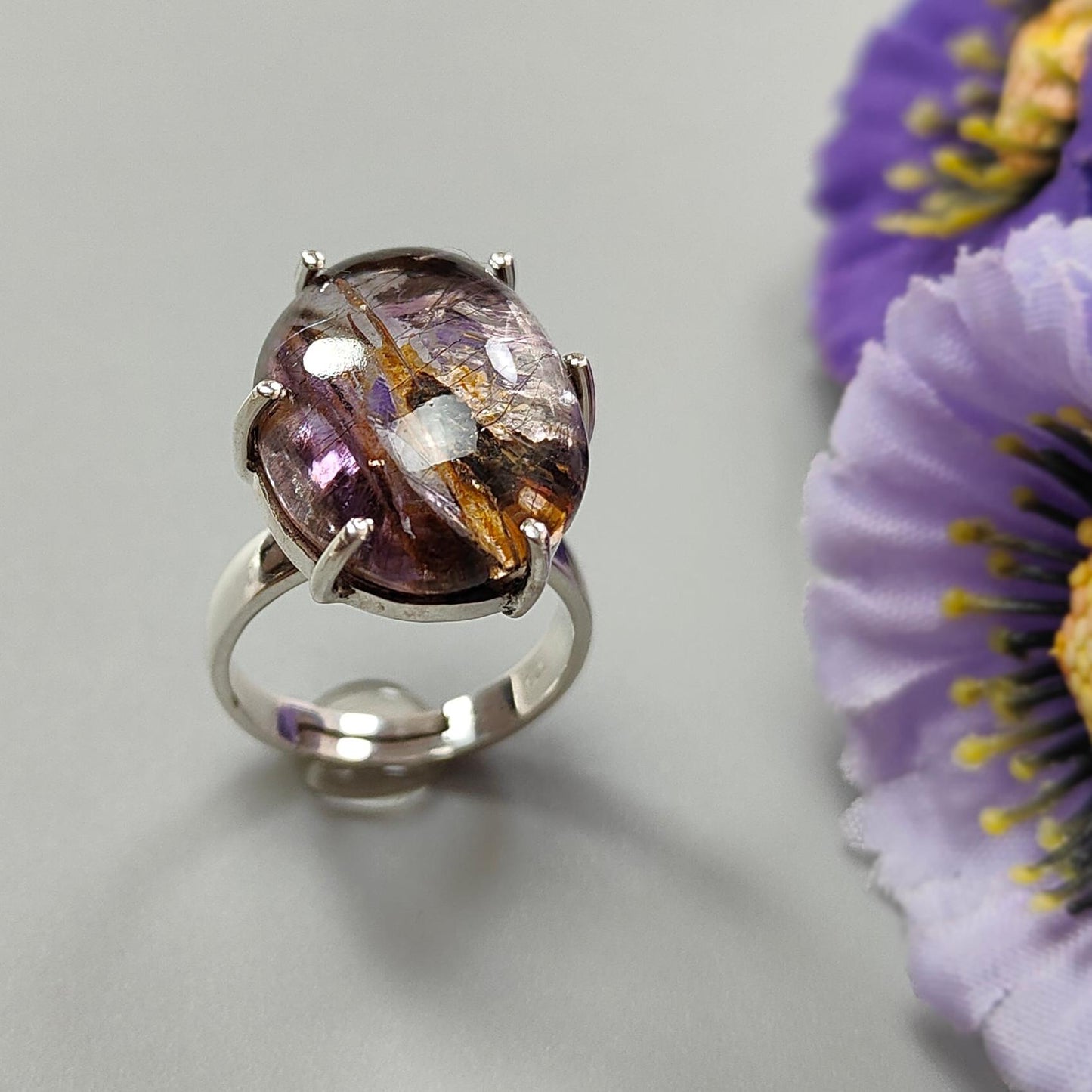 Super Seven Plain Silver Ring: 8.48gms Natural Untreated Amethyst Oval Shape Plain 925 Sterling Silver Prong Set Adjustable Ring