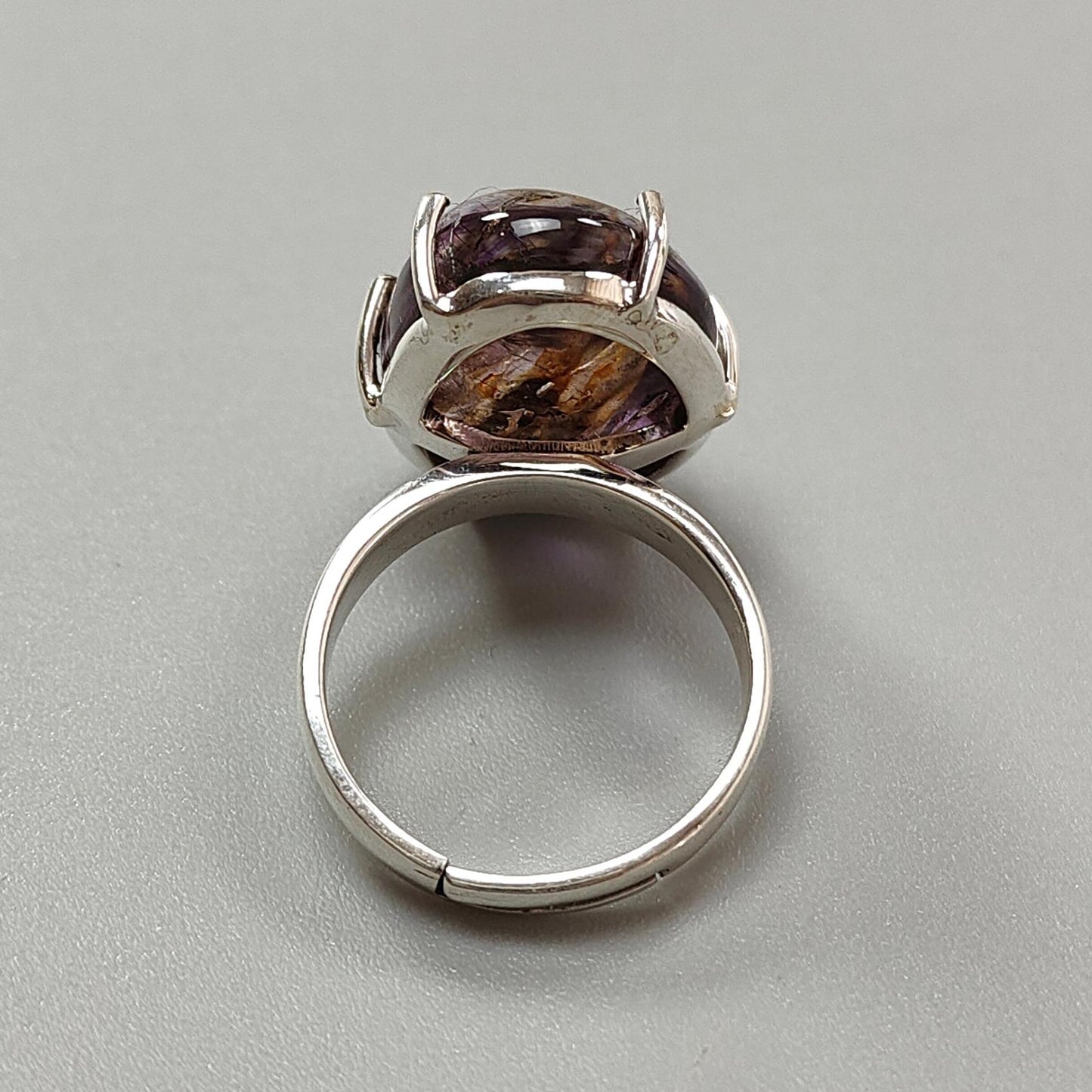 Super Seven Plain Silver Ring: 8.48gms Natural Untreated Amethyst Oval Shape Plain 925 Sterling Silver Prong Set Adjustable Ring