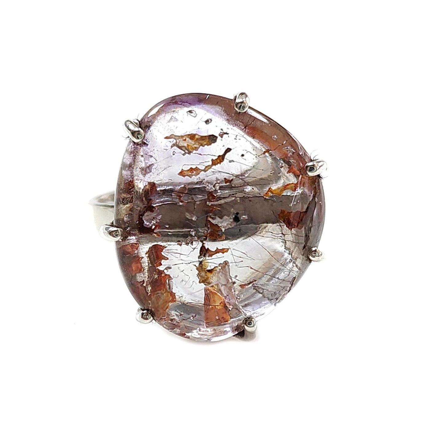 Super Seven Plain Silver Ring: 9.56gms Natural Untreated Amethyst Fancy Shape Plain 925 Sterling Silver Prong Set Adjustable Ring