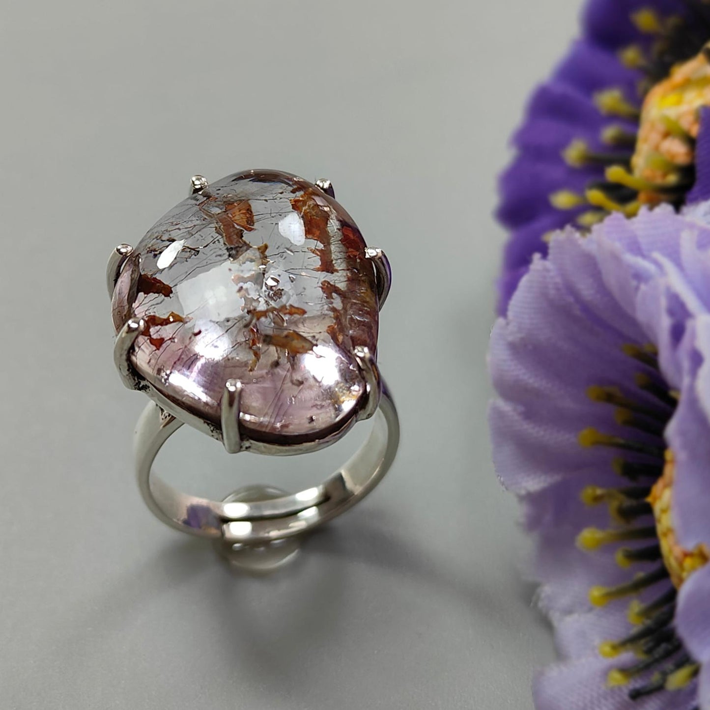 Super Seven Plain Silver Ring: 9.56gms Natural Untreated Amethyst Fancy Shape Plain 925 Sterling Silver Prong Set Adjustable Ring